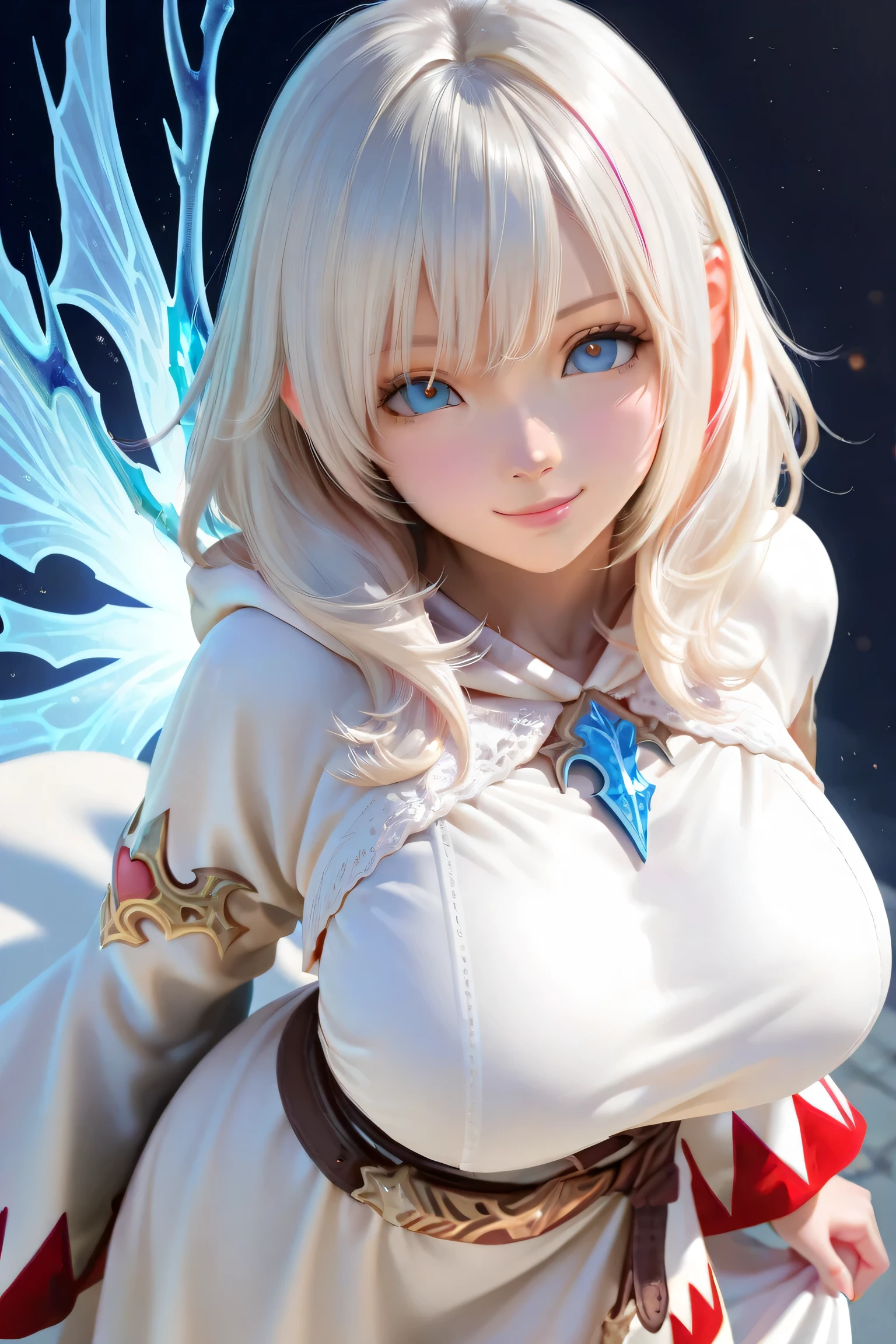 (masterpiece,best quality,ultra detailed,high resolution,(photo realistic:1.2)Walking through a sci-fi city filled with feasts and debauchery. A Cute girl with waist-length white hair and golden eyes,detailed eyes,Leading a beautiful woman with medium length hair.,blue eyes,large breasts, The shadows of a white dragon and a phoenix behind ther. Close-up perspective. Concept art Makoto Shinkai,Makoto Shinkai, I love the concept art, Landscape Background, 