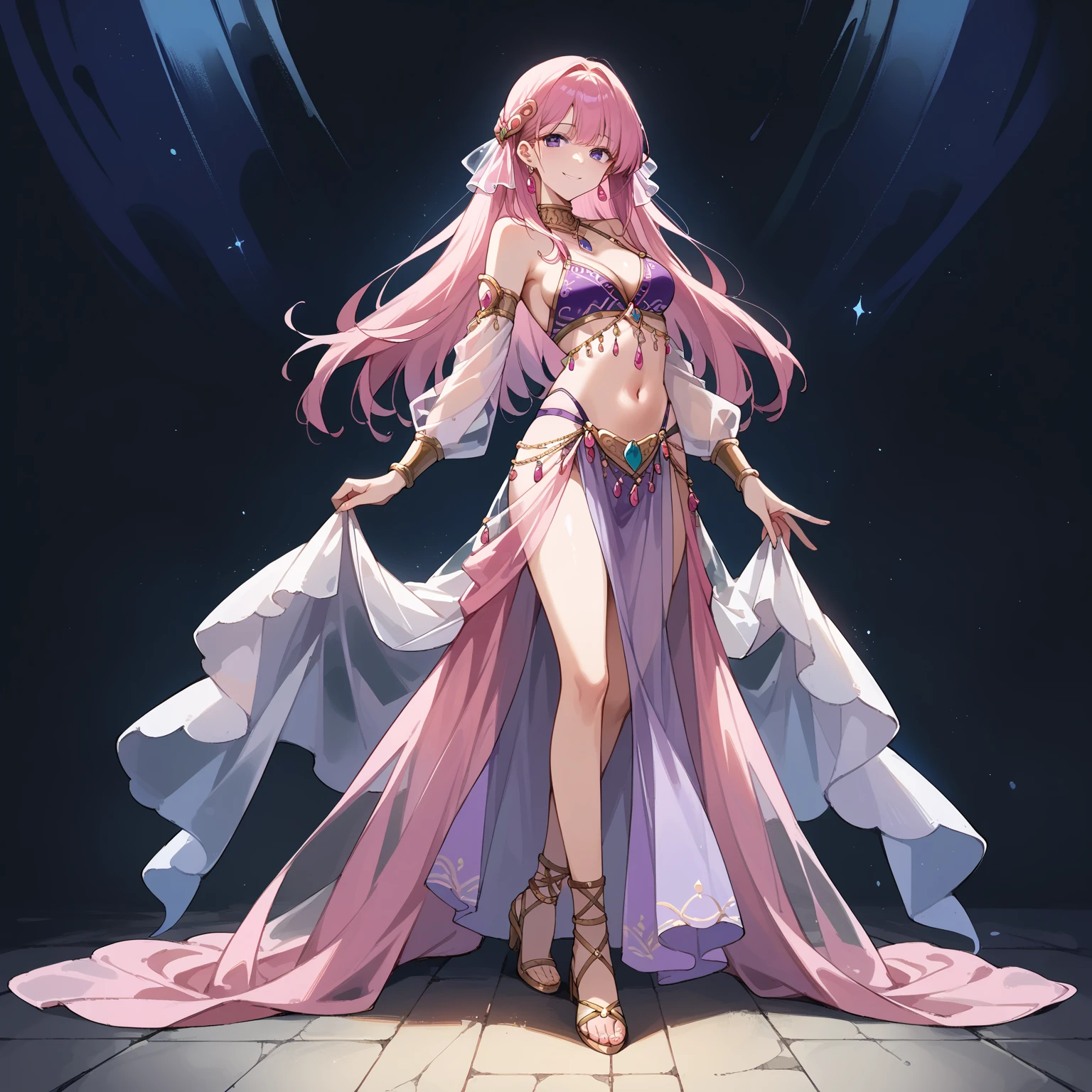 shikimori, medium breast, slim legs, , gown, navel, skirt, standing, beautiful eyes, blue eyes, nervous, arabian belly dancer, wallpaper
