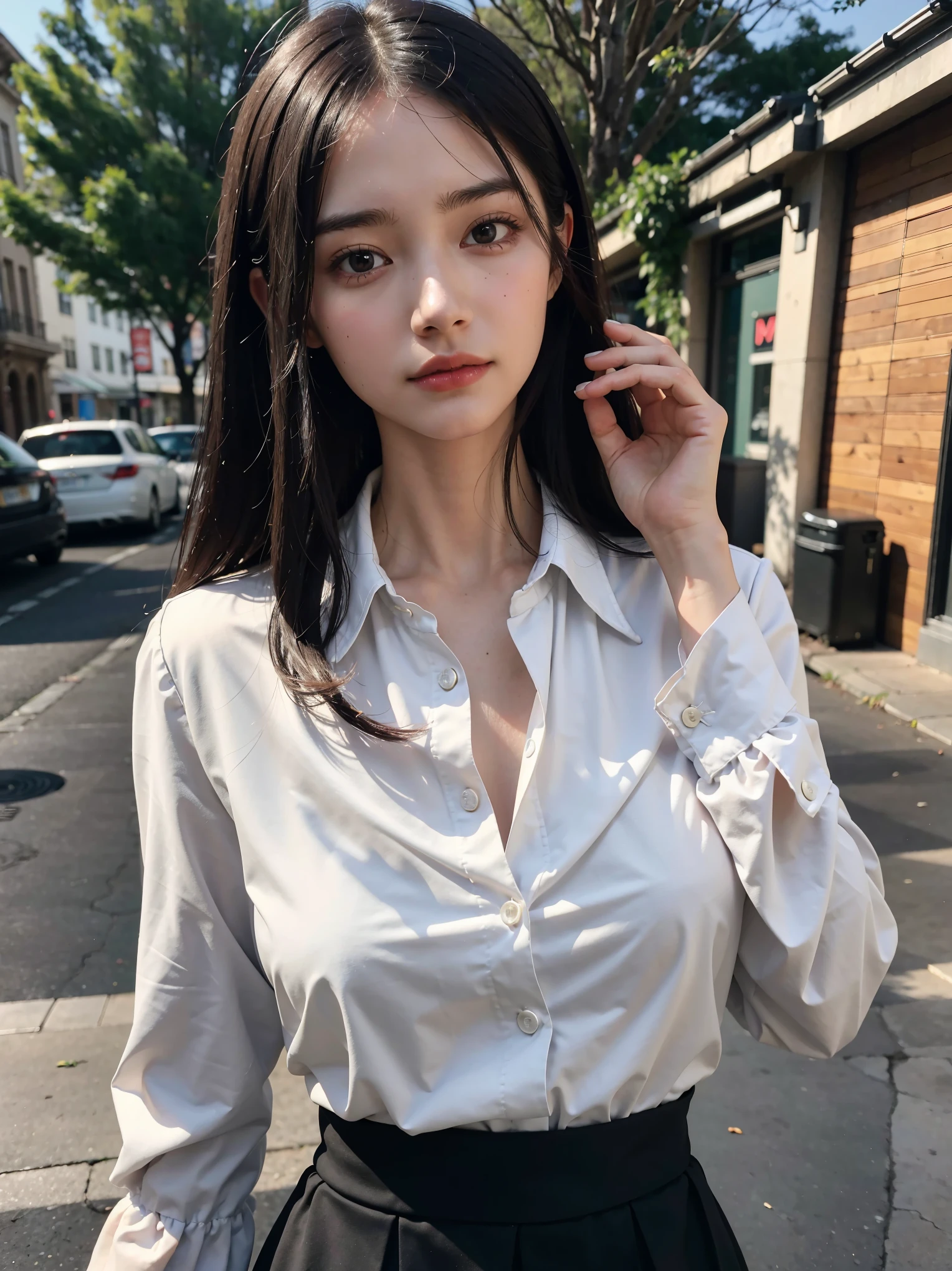 ((the night, 逼真光线, best qualtiy, 8K, tmasterpiece:1.3)), A tall and beautiful woman，Slender abs，Dark brown hair in loose wavy styling，nedium breasts，Wear a pendant，white button-down blouse，obi strip，a black skirt，（Modern architecture in background），Beautifully rendered details in face and skin textures，Detailed eyes，二重まぶた，Natural eyes，ssmile