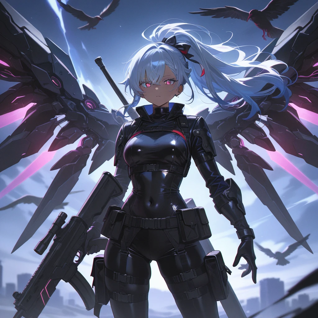 Top quality, masterpieces, fine details, 8k wallpaper, angel with a beautiful gun, (blue eyes), long eyelashes, makeup, pink lips, five fingers, garter belt, (lower chest exposed, thighs exposed: 1.2), cyberpunk, black wings, with a gun in hand, firing shots, opening fire, dynamic, jumping, lots of movement, black wings, jumping, jumping, flying, shots, lots of shots,  action movie scene, cinematic, anime, dramatic, lots of action, shooting