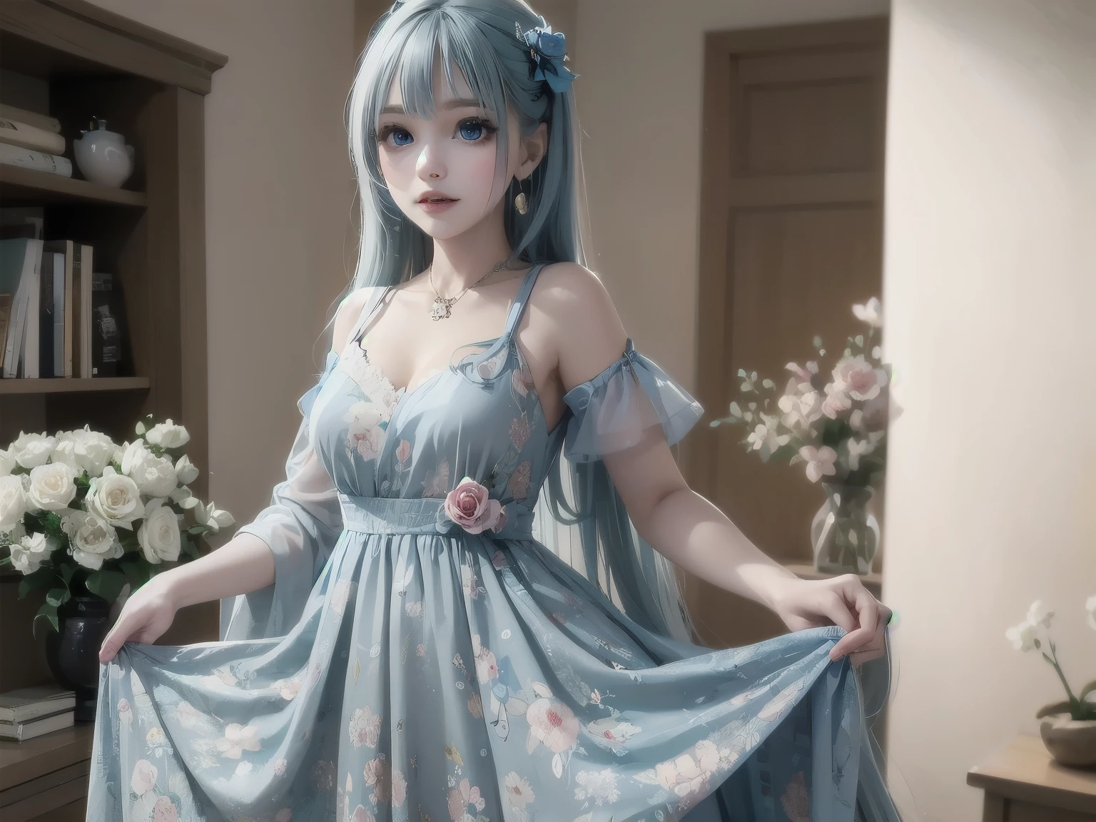 a women, blue hair, blue eyes, white dress
