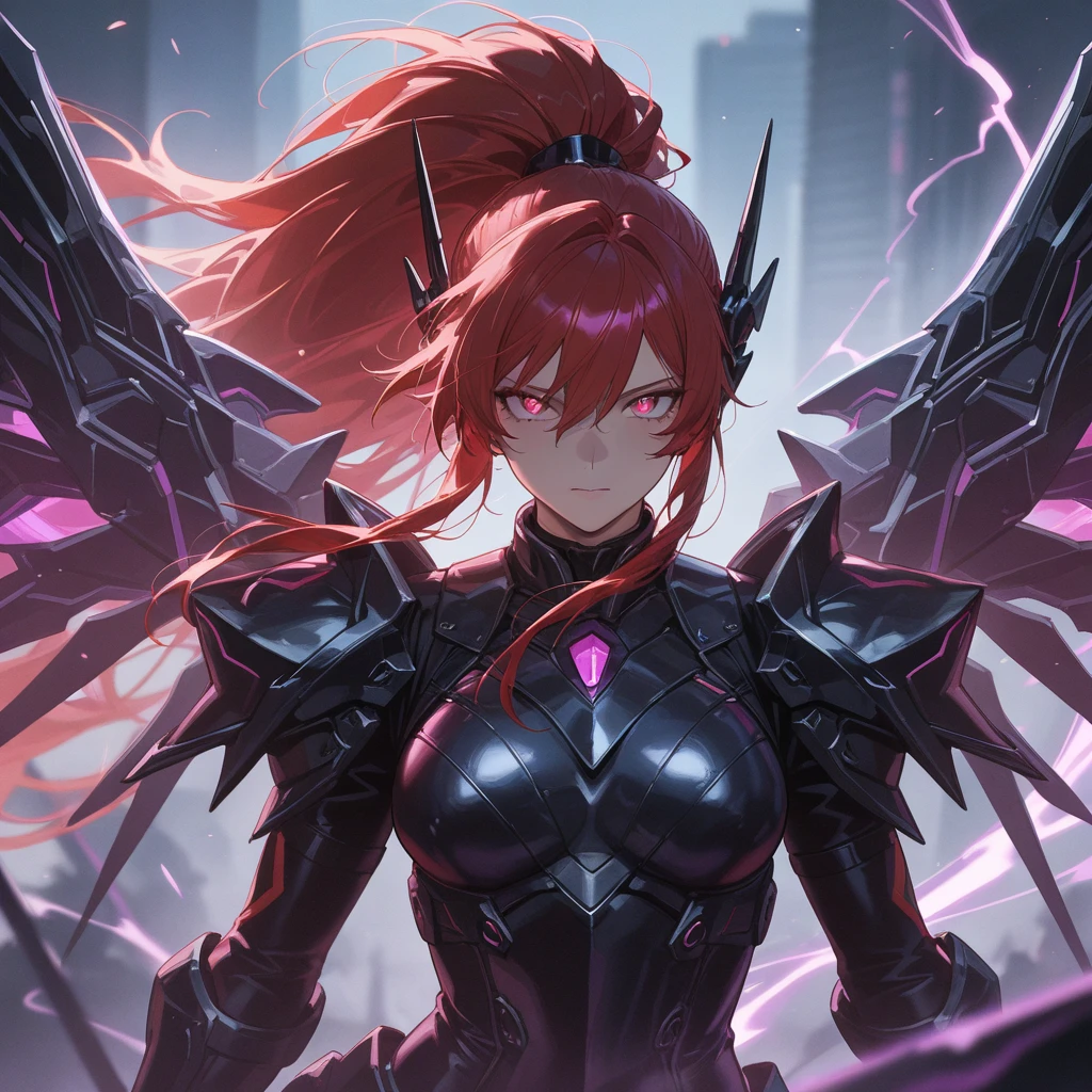 25-year-old girl, gargoyle, long red hair, pointed ears, pale skin, orange eyes, robotic black armor, robotic wings, black helmet with red visor