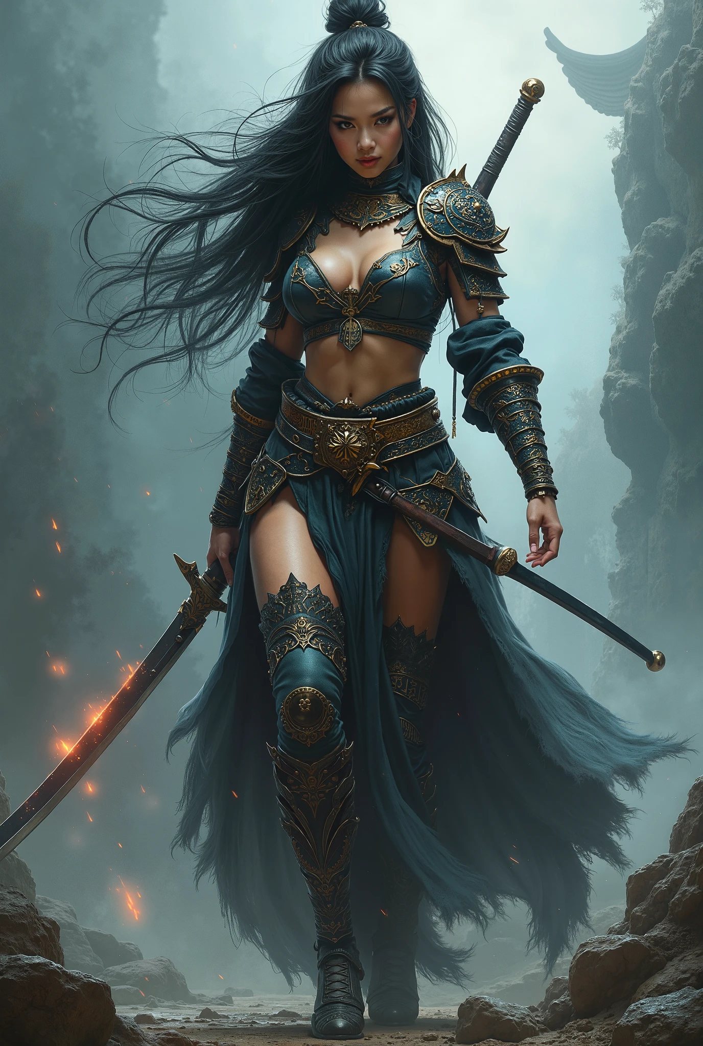 ((best quality)), ((masterpiece)), (detailed), A digital illustration of a queen warrior surrounded by dead monsters, holding a sword and wearing traditional warrior outfit. She has long black hair and is on her knees, looking furious and injured. The background is dark and stormy.
