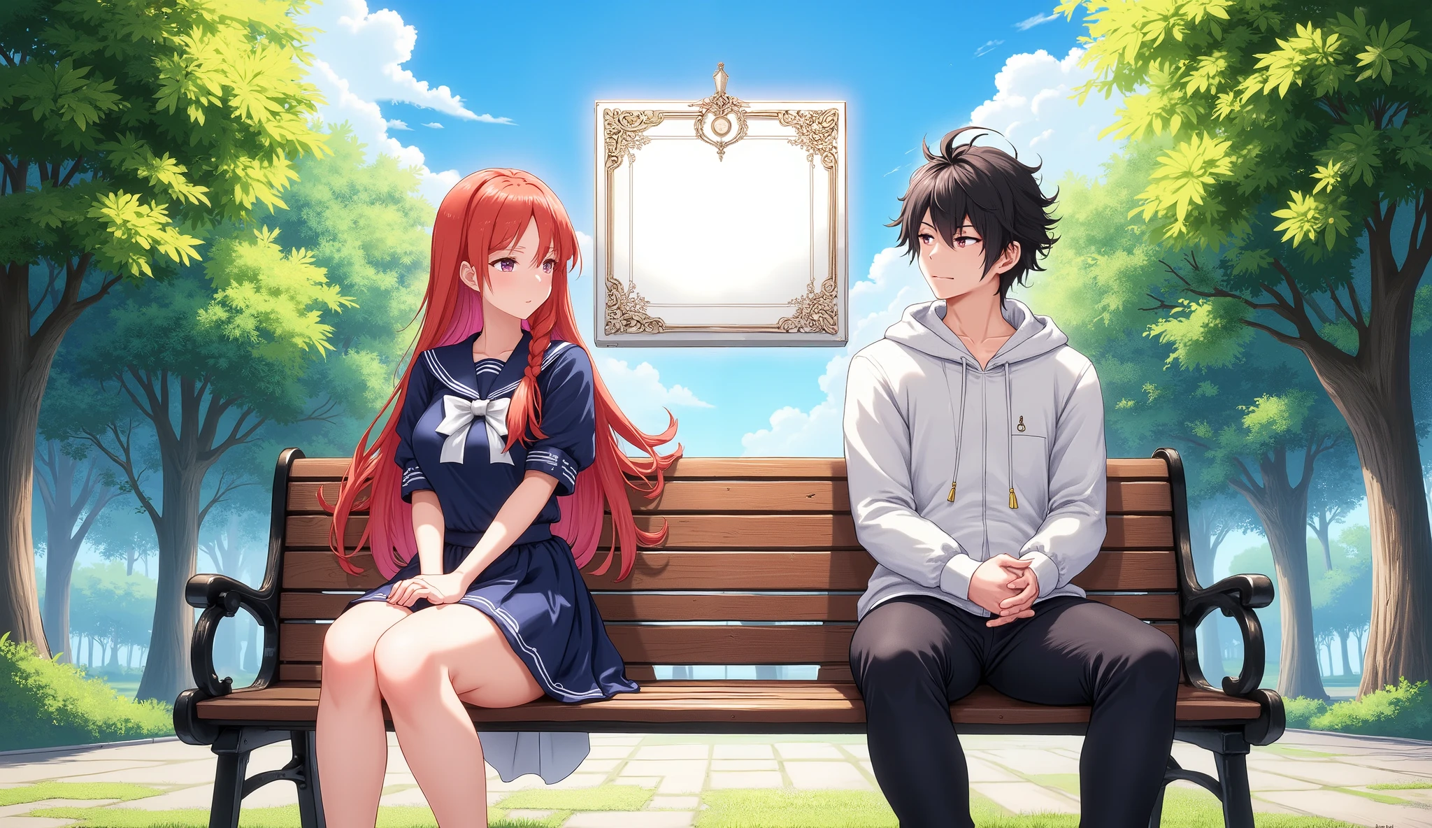 Anime style illustration showing two characters sitting far apart on opposite ends of a wooden bench. On the left: a female student with long bright red hair and curvy figure wearing a navy blue sailor school uniform with white bow. On the right: a male character with messy black hair wearing a light grey hoodie and dark pants, with a bored/disinterested expression (half-lidded eyes, slightly downturned mouth, relaxed eyebrows). Behind them: a floating purple semi-transparent RPG-style status window with ornate decorative elements in the corners and a glowing aura. Scene set in a sunny park with trees creating a natural frame. Clean, modern anime art style with soft shading.