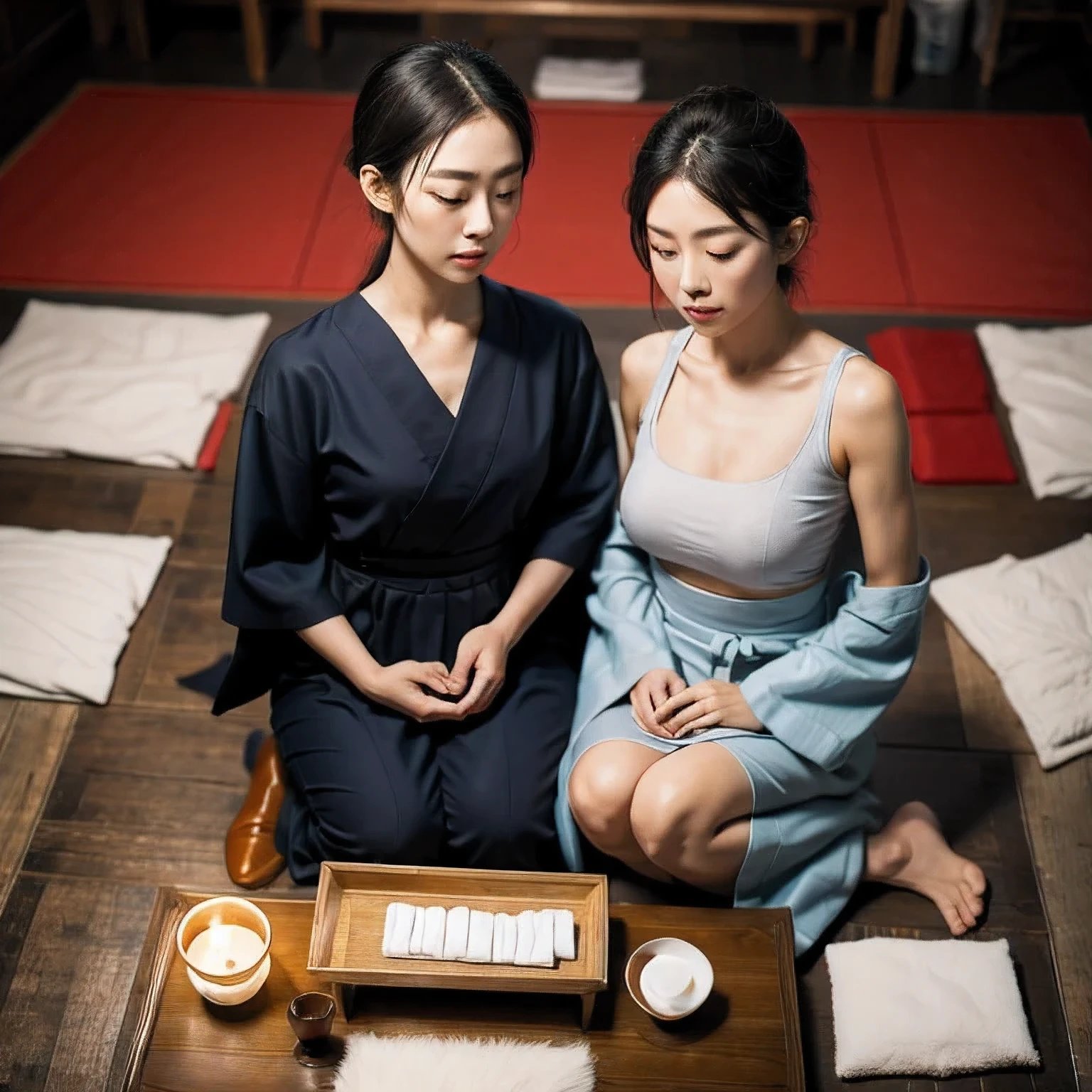 A Japanese living room with a mother doing a bridge exercise.