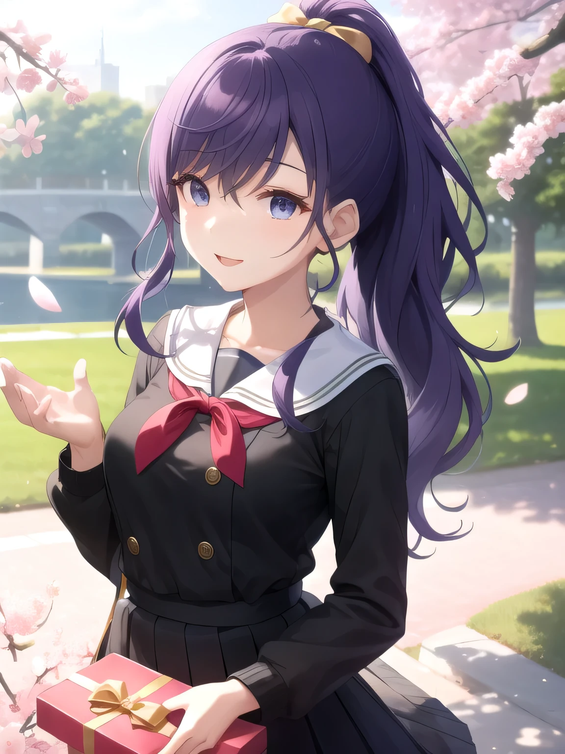 A stunningly beautiful 20-year-old woman stands in a lush green park full of cherry blossoms in full bloom under a clear blue sky. She is wearing a classic sailor uniform and holds a neatly wrapped gift box with a red ribbon in both hands in front of her chest. The box is small, wrapped in decorative paper, and tied with a bow. She looks very happy, with a radiant and joyful expression.A stunningly beautiful 20-year-old woman stands in a lush green park full of cherry blossoms in full bloom under a clear blue sky. She is wearing a classic sailor uniform and holds a neatly wrapped gift box with a red ribbon in both hands in front of her chest. The box is small, wrapped in decorative paper, and tied with a bow. She looks very happy, with a radiant and joyful expression. Purple eyes, blue eyes, high ponytail, hair scrunchie.