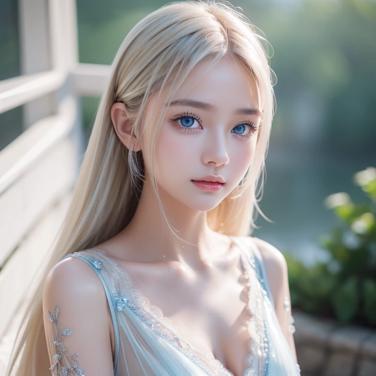 Dazzling golden shine、Silky baby blonde fine hair、Super long straight hair、Hitting the face and front of the eyes、bright, Very beautiful pale marine blue eyes、Sheer white and wet nightgown、Nordic youth、Perfect body、White beautiful skin、Glowing Skin、Small Face Beauty、Baby Face、Young and beautiful skin、Perfect beautiful little face、bright makeup、Cheek gloss、Gloss Face、Very beautiful face、Pale pink lips、bright表情、A very cute 16 year old girl、Unbuttoned shirt、lipstick、Deceptive advertising、{vapor}、Viewer's vision、Golden Hour Lighting、Bokeh Atmosphere Perspective、detailedな動画 ライト、Intricate details、High resolution、フェイスデザインのdetailedな特徴、detailed、Clear focus、Smoothness、aesthetics、Printed、Octane、masterpiece、{{}}