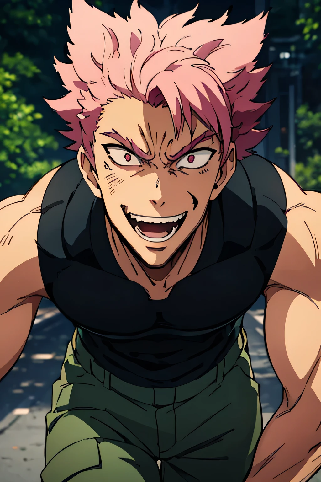 20 year old man, pink hair color , black eyeball color, muscular , wear army vest , wear cream-colored cargo pants, Criminals , front facing , evil laughing face