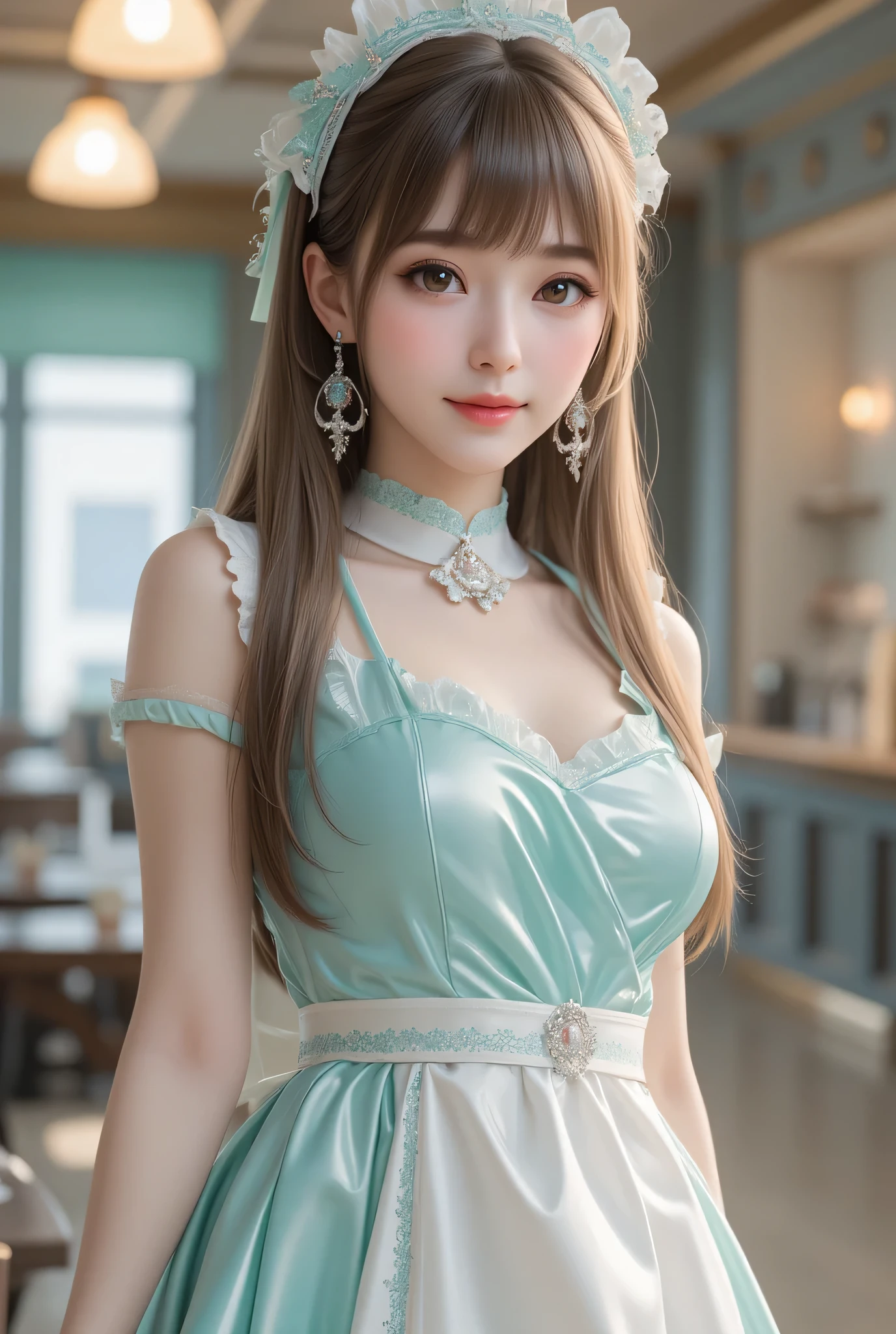 (super cute young face:1.3),
(japanese idol face:1.5),
very beautiful cute girl,
sparkling clear large brown eyes,
exquisite smooth and silky long brown straight hair,
fair skin,
(happy cheerful smile),
professional photogragh, 
(super shiny light turquoise and white maid costume:1.3),
beautiful special designed costume,
beautiful skirt and apron,
full body shot,
cafe reastrant