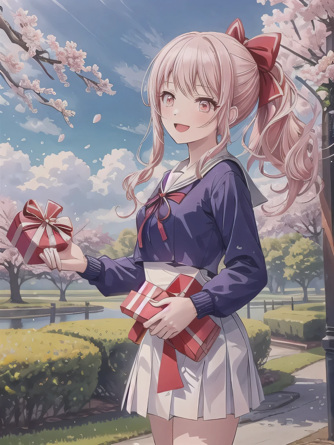 A stunningly beautiful 20-year-old woman stands in a lush green park full of cherry blossoms in full bloom under a clear blue sky. She is wearing a classic sailor uniform and holds a neatly wrapped gift box with a red ribbon in both hands in front of her chest. The box is small, wrapped in decorative paper, and tied with a bow. She looks very happy, with a radiant and joyful expression.A stunningly beautiful 20-year-old woman stands in a lush green park full of cherry blossoms in full bloom under a clear blue sky. She is wearing a classic sailor uniform and holds a neatly wrapped gift box with a red ribbon in both hands in front of her chest. The box is small, wrapped in decorative paper, and tied with a bow. She looks very happy, with a radiant and joyful expression. Red eyes, ponytail, pink hair.