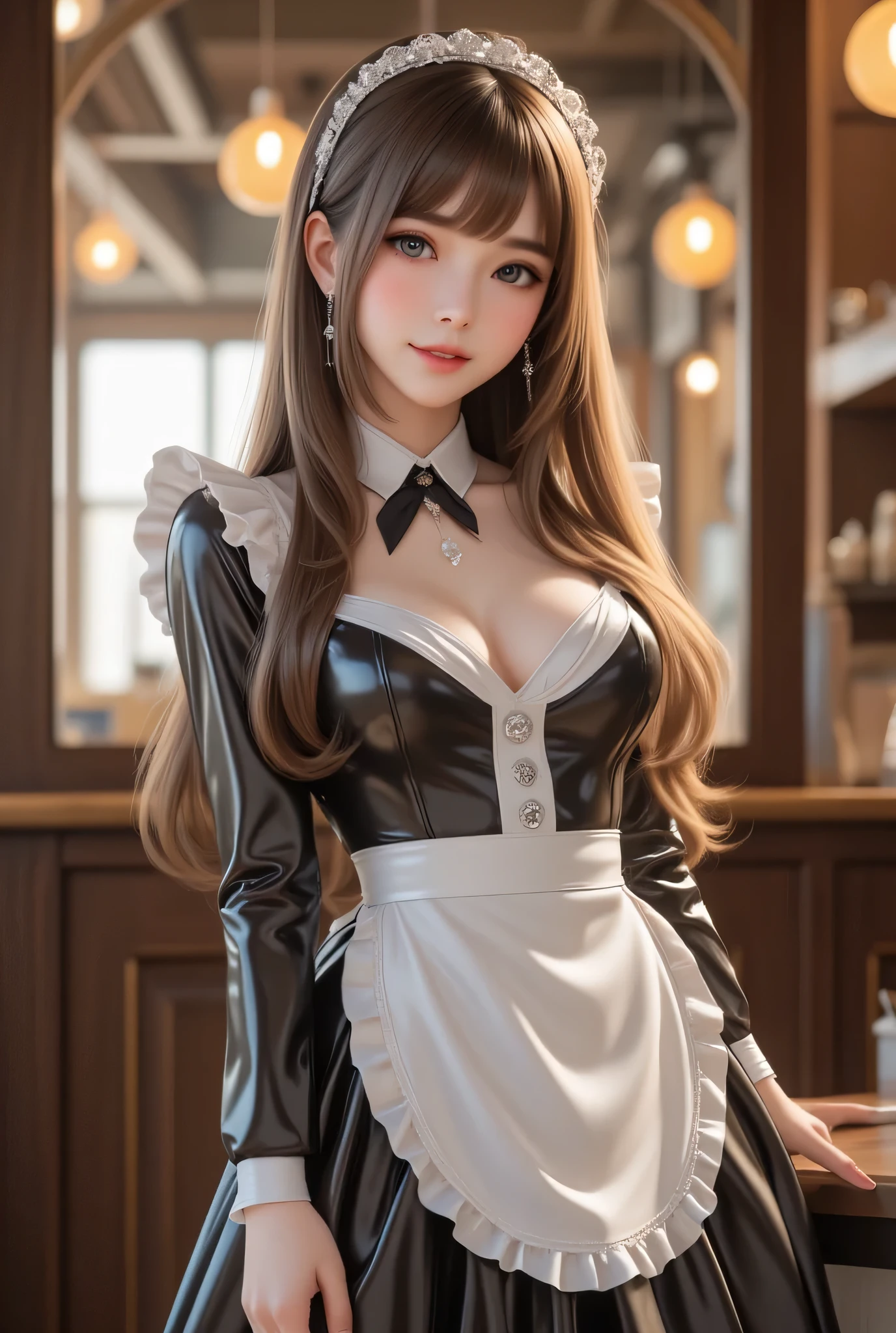 (super cute young face:1.3),
(japanese idol face:1.5),
very beautiful cute girl,
sparkling clear large brown eyes,
exquisite smooth and silky long brown straight hair,
fair skin,
(happy cheerful smile),
professional photogragh,
(super shiny latex maid costume:1.3),
beautiful special designed costume,
beautiful skirt and apron,
full body shot,
cafe reastrant