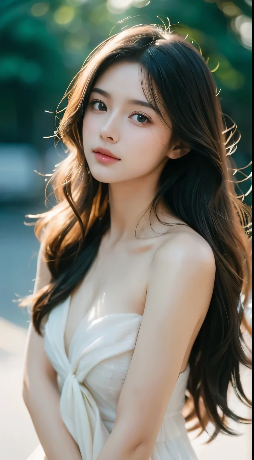 film portrait photography, 1girl, bare shoulders, wavy shoulder-length hair, serene, calm, (realistic detailed eyes, natural skin texture, realistic face details), soft dramatic lighting, depth of field, bokeh, vibrant details, finely detailed, hyperrealistic, 35mm film, hazy blur, filmg,