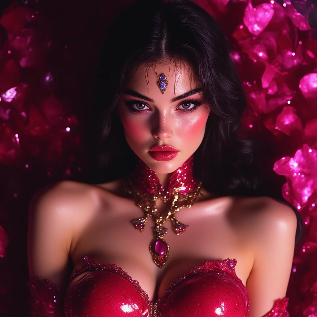 SEXY GIRL MEGAN FOX (MEGAN FOX FACE STYLE) A FULL BODY IMAGE AN EXTREMELY BEAUTIFUL WOMAN with European features ((Arabian)), SEXY CHICA MEGAN FOX of traits of, long black hair, magenta eyes, blushed cheeks, shiny skin, white skin, large breasts, Curves of Goddess, wears a beautiful shiny RED dress and a DIAMOND PENDANT with a RED AMATSITA DIAMOND FLOWER PENDANT, shiny skin, diamond crown, features lying in RED WATER with RED PETALS, diamonds, RED neon light, diamonds in the water, RED BUTTERFLIES, at night, pink glow. Without lighting, lots of blue light, PINK NEON LIGHT, Dark, Dark, Dark, Dark, Dark, Dark, EXTREME LIGHT ON YOUR FACE, REINFORCED LIGHT ON YOUR FACE, VERY DARK, DARKNESS, A LOT OF DARKNESS, (SEXY CHICA MEGAN FOX) Without lighting, Without lighting, wet skin, very wet skin, shiny skin y mojada, digital artHigh resolution, masterpiece, HD model, (FACW Detail, Details altos (FAC
La mejor calidad, quality, high quality, FACE STYLE MEGAN FOX STYLE, MEGAN FOX FAVE, MEGAM FOX STYLE FACE