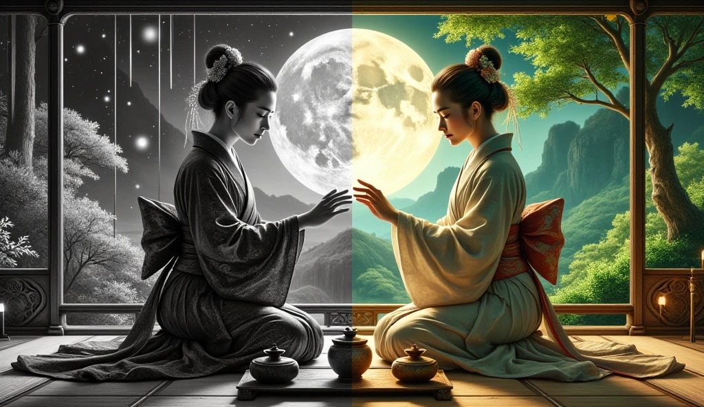 A split image of a moonlit tea ceremony by 2 women, divided into two contrasting halves. The left side is black and white, while the right side is in vibrant, full bright colors. The transition between the two halves is seamlessly blended without any visible border, creating a smooth gradient effect. The object or scene is centrally focused, highlighting the contrast between the past and the future.