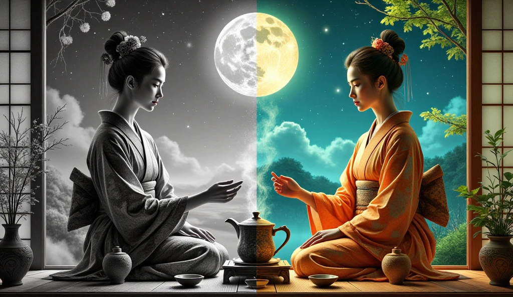 A split image of a moonlit tea ceremony by 2 women, divided into two contrasting halves. The left side is black and white, while the right side is in vibrant, full bright colors. The transition between the two halves is seamlessly blended without any visible border, creating a smooth gradient effect. The object or scene is centrally focused, highlighting the contrast between the past and the future.