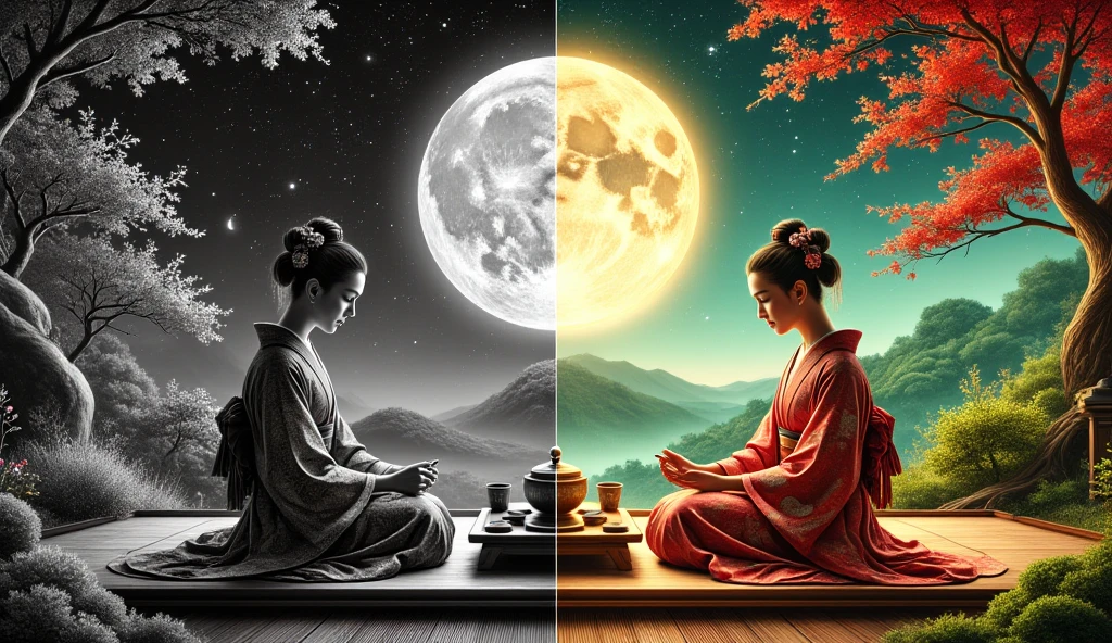 A split image of a moonlit tea ceremony by 2 women, divided into two contrasting halves. The left side is black and white, while the right side is in vibrant, full bright colors. The transition between the two halves is seamlessly blended without any visible border, creating a smooth gradient effect. The object or scene is centrally focused, highlighting the contrast between the past and the future.