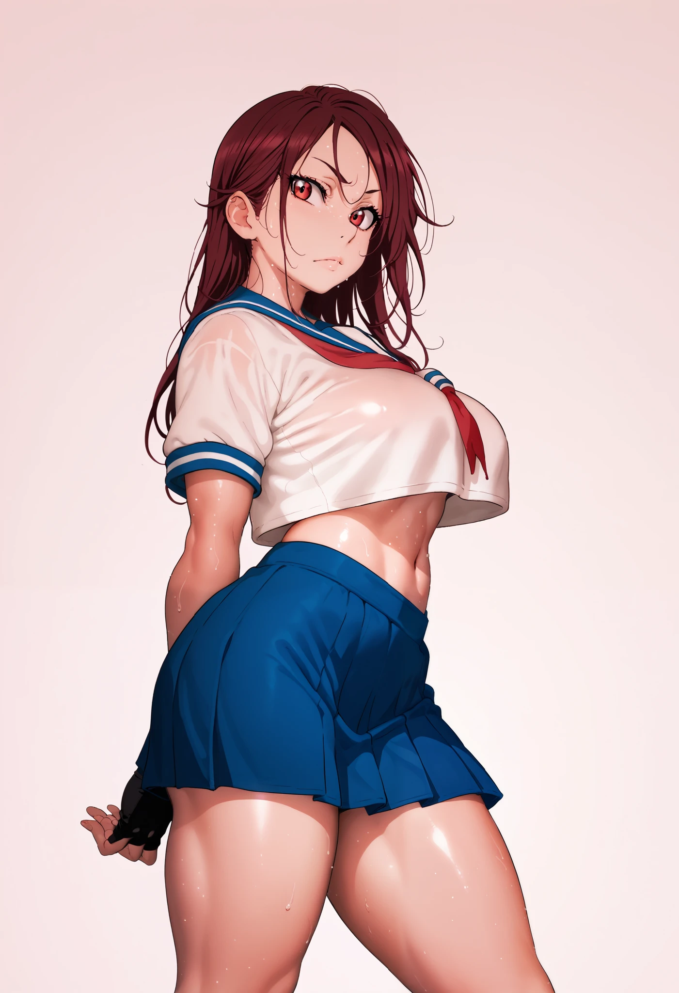 Solo,1girl, yellow eyes , sakurauchi riko, red eyes,standing, sporty athletic build, confident pose, big breasts, breasts outlines, score_9, score_8_up, score_7_up, score_6_up,blue skirt, crop top, midriff, miniskirt, navel, sailor , school uniform, short sleeves, skirt, stomach, shirt, white shirt, red fingerless gloves,sweating, detailed body, shiny skin , RUKIA Style, web comic,toned thighs, sexy pose, simple background, slightly from side,underbutt, looking at viewer, arms behind back