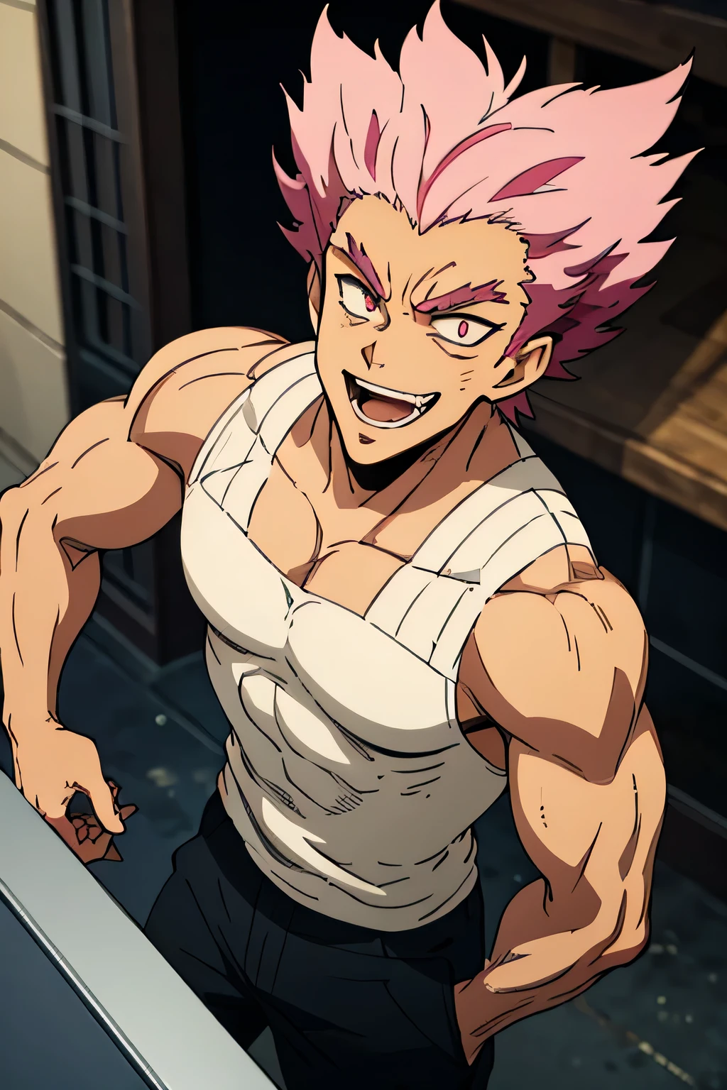 20 year old man, pink hair color , black eyeball color, muscular , wearing a vest, wear cream-colored cargo pants, Criminals , front facing , evil laughing face , half body