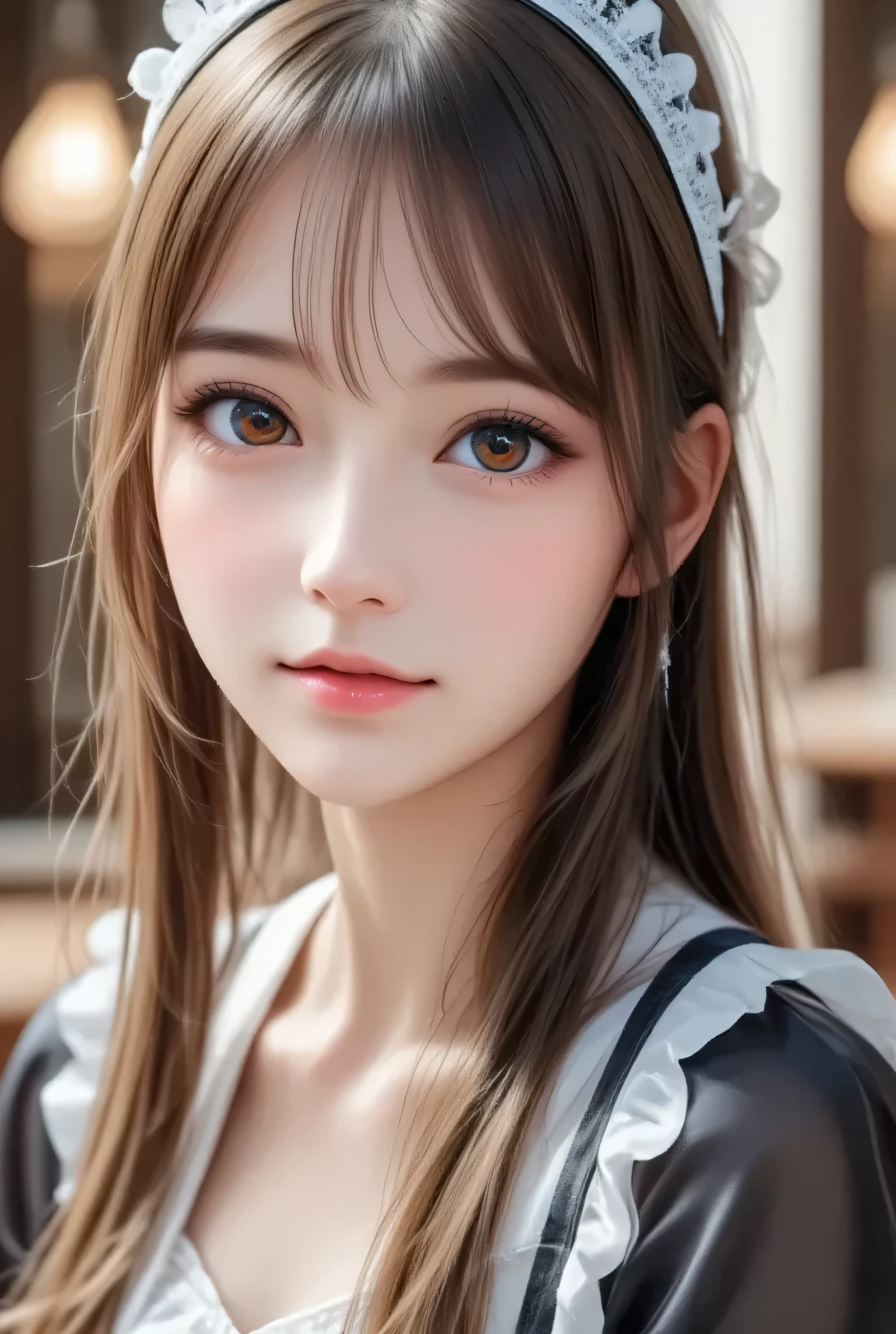 (super cute young face:1.3),
(japanese idol face:1.5),
very beautiful cute girl,
sparkling clear large brown eyes,
exquisite smooth and silky long brown straight hair,
fair skin,
(happy cheerful smile),
professional photogragh,
(super shiny latex maid costume:1.4),
beautiful special designed costume,
beautiful skirt and apron,
full body shot,
cafe reastrant