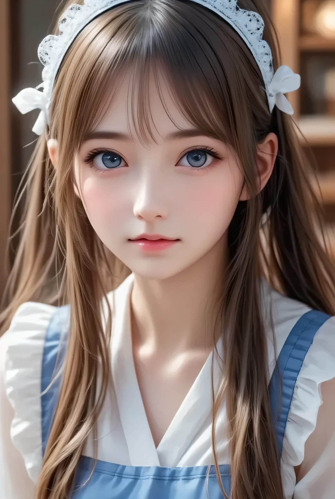 (super cute young face:1.3),
(japanese idol face:1.5),
very beautiful cute girl,
sparkling clear large brown eyes,
exquisite smooth and silky long brown straight hair,
fair skin,
(happy cheerful smile),
professional photogragh, 
(super shiny blue and white latex maid costume:1.4),
beautiful special designed costume,
beautiful skirt and apron,
full body shot,
cafe reastrant
