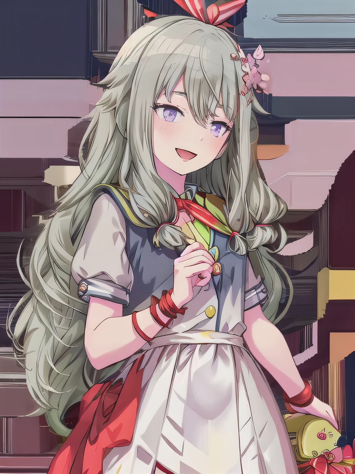 A stunningly beautiful 20-year-old woman stands in a lush green park full of cherry blossoms in full bloom under a clear blue sky. She is wearing a classic sailor uniform and holds a neatly wrapped gift box with a red ribbon in both hands in front of her chest. The box is small, wrapped in decorative paper, and tied with a bow. She looks very happy, with a radiant and joyful expression.A stunningly beautiful 20-year-old woman stands in a lush green park full of cherry blossoms in full bloom under a clear blue sky. She is wearing a classic sailor uniform and holds a neatly wrapped gift box with a red ribbon in both hands in front of her chest. The box is small, wrapped in decorative paper, and tied with a bow. She looks very happy, with a radiant and joyful expression. Purple eyes, long, grey hair.