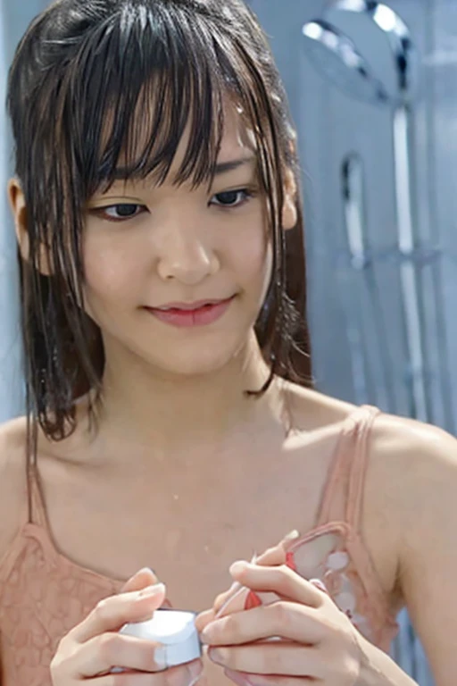 (8K, RAW Photos, Highest quality, masterpiece: 1.4), (Realistic, photoRealistic: 1.4), Super detailed, Ultra-high resolution, One Girl, Beholder, Beautifully detailed face, smile, (Slim waist: 1.0), Beautifully detailed skin, Skin Texture, Floating Hair, Professional Lighting, Middle Chest, Kind eyes,(small wet breasts:1.6), (beautiful nipples:1.4),(undressing:1.9), (:1.0), (law panty:1.5), (sleeveless blouse:1.3),(Feather Cut:1.0), (petite:1.0)
