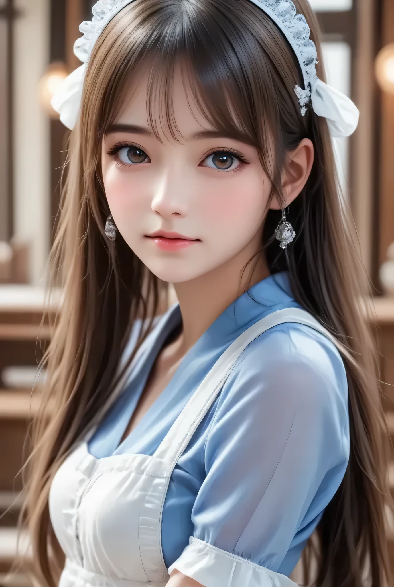 (super cute young face:1.3),
(japanese idol face:1.5),
very beautiful cute girl,
sparkling clear large brown eyes,
exquisite smooth and silky long brown straight hair,
fair skin,
(happy cheerful smile),
professional photogragh,
(super shiny blue and white latex maid costume:1.4),
beautiful special designed costume,
beautiful skirt and apron,
full body shot,
cafe reastrant