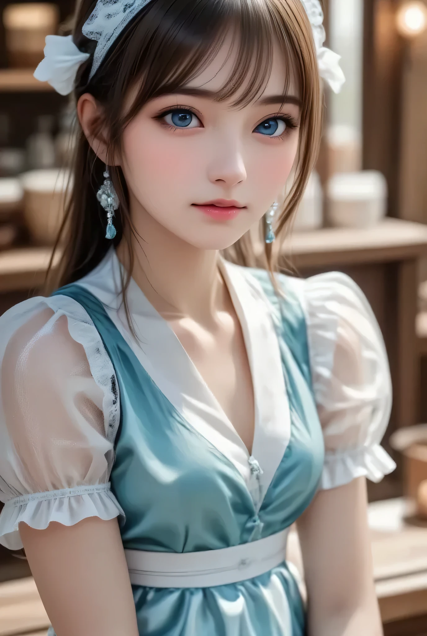 (super cute young face:1.3),
(japanese idol face:1.5),
very beautiful cute girl,
sparkling clear large brown eyes,
exquisite smooth and silky long brown straight hair,
fair skin,
(happy cheerful smile),
professional photogragh, 
(super shiny turquoise and white latex maid costume:1.4),
beautiful special designed costume,
beautiful skirt and apron,
full body shot,
cafe reastrant