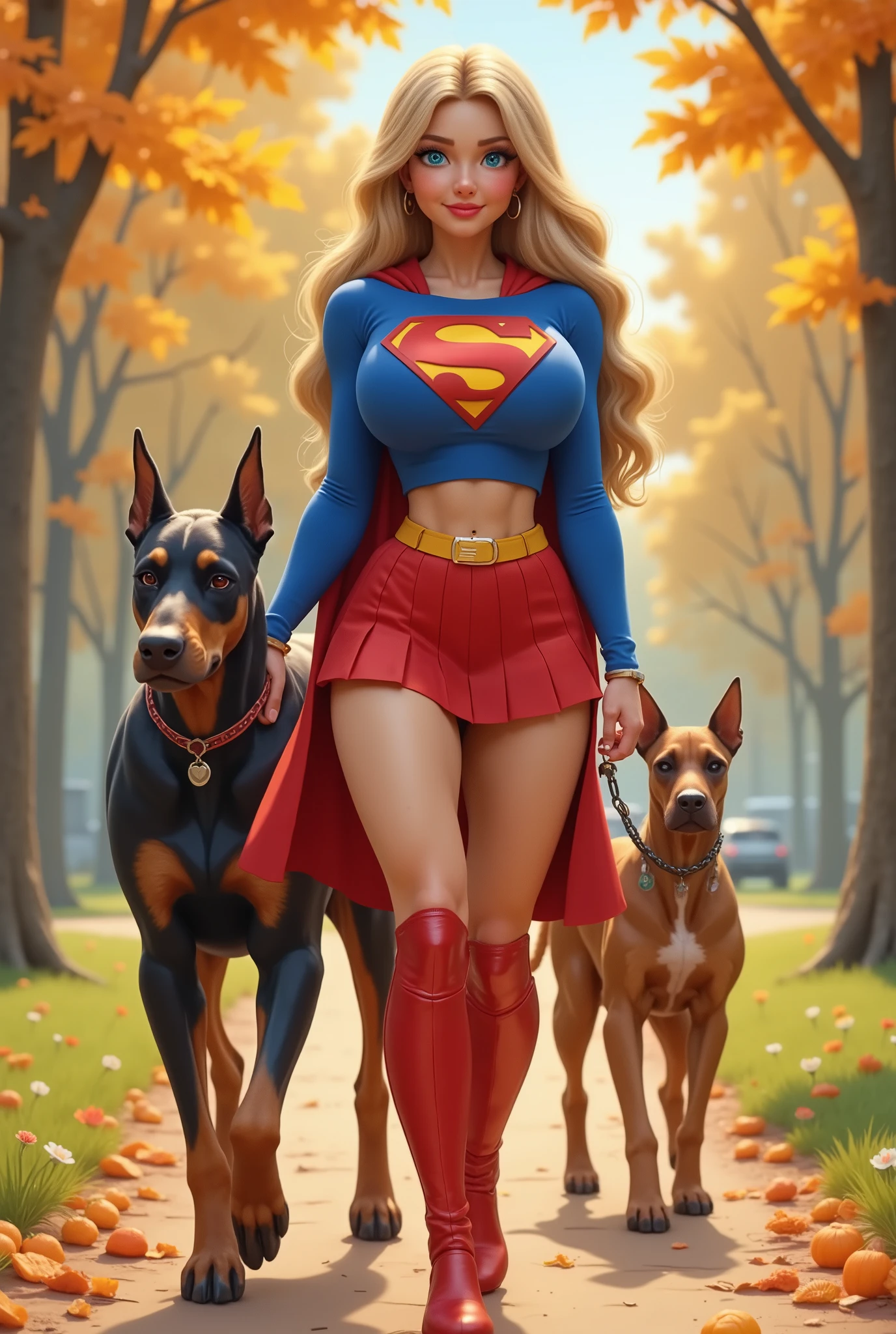 In SUPERGIRLA blonde costume (red high boots, she is sexy, red short pleated skirt, yellow belt with buckle, blue sweater long sleeves, S sign on the chest, and cape, very sexy and young 3D CARTOON FEMALE as SUPERGIRLA with blue eyes and long hair, proudly and sexily walks through the park, leading a large Doberman on a leash