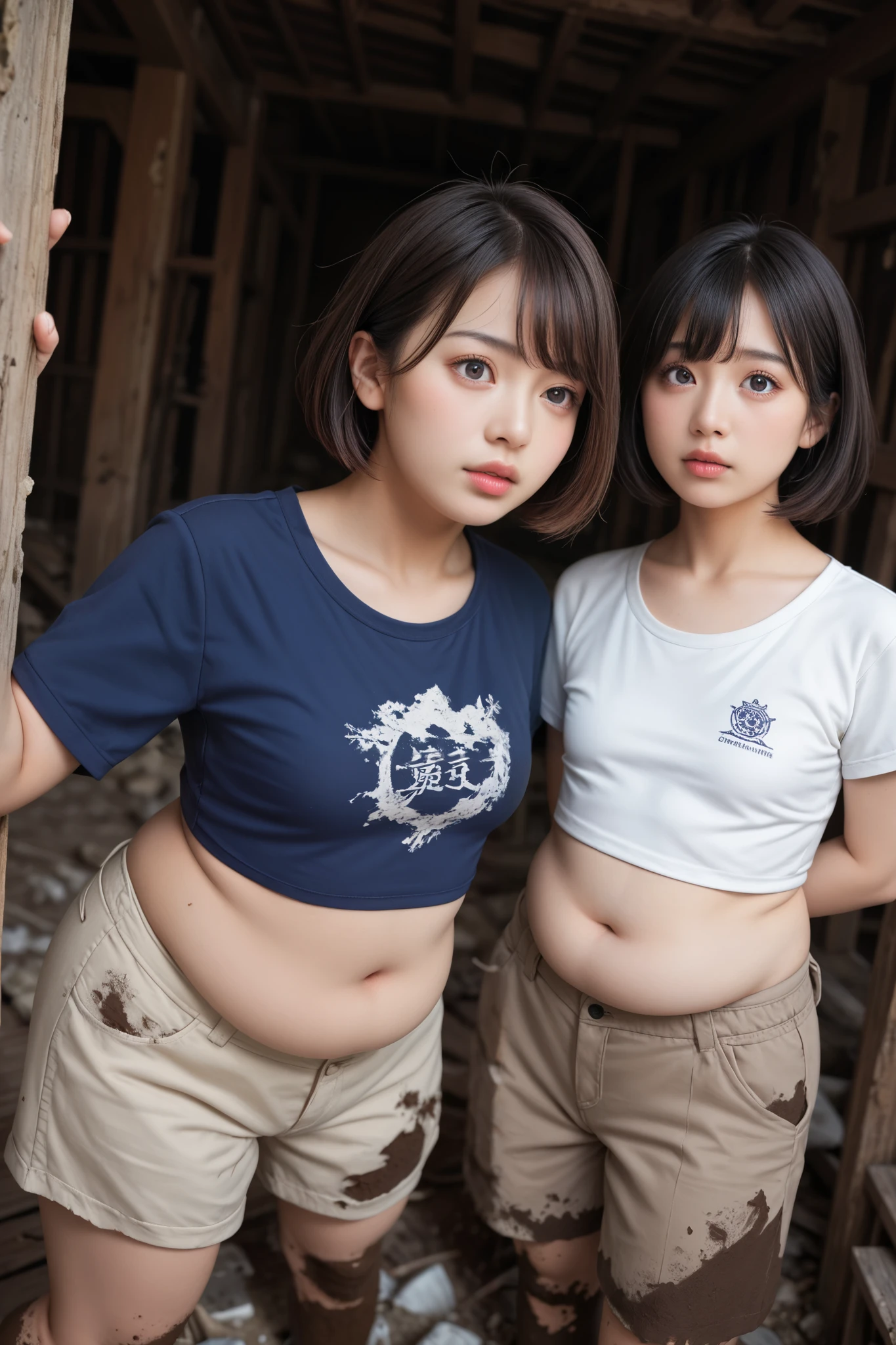 Very detailed, detailed, best quality, super high resolution, highest resolution, three 20 year old Japanese women, anxious expressions, detailed facial depiction, detailed eye depiction, wide open eyes, cute double eyelids, thick lips, black hair, black pupils, flabby stomach, (((very small breasts, chubby women))), ripped and tattered, very yellowed and dirty short T-shirt, "I am a pervert" written in English on the T-shirt, beige short pants with ripped cuffs, very dirty clothes, clothes are dirty with mud, three dirty and poor girls with mud stains on their cheeks standing close together, abandoned village in the mountains of Japan, large amount of abandoned wooden rubble, wooden ruins, large marshland surrounded by ruins, very short hair, wide angle overhead view,