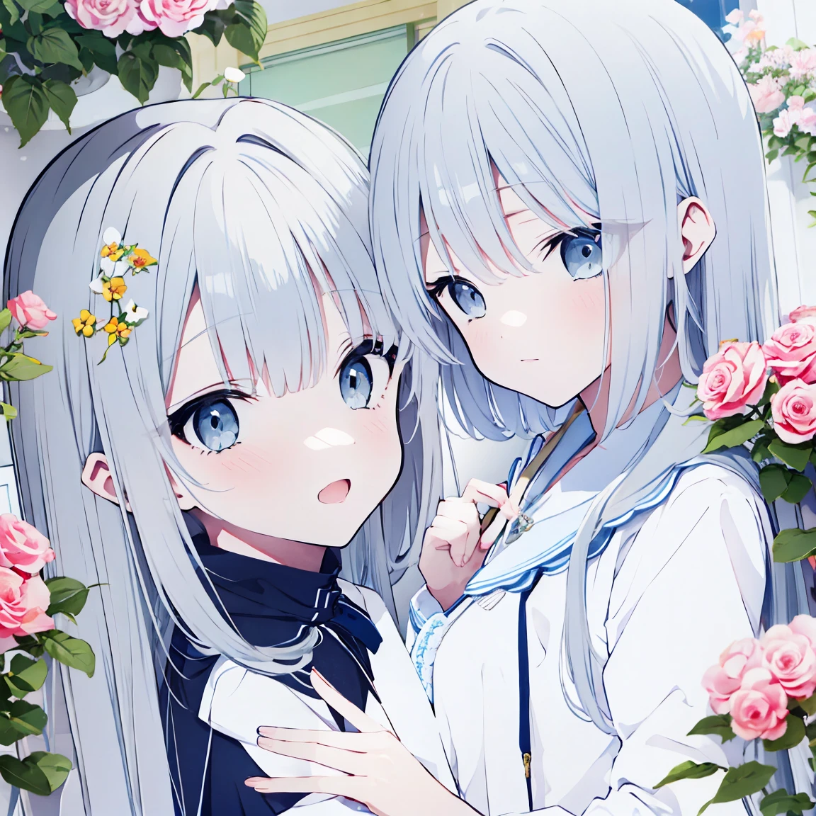 1 girl white hair with ribbon decorations on her head blue eyes in School Bloomers Women with white mayas at home