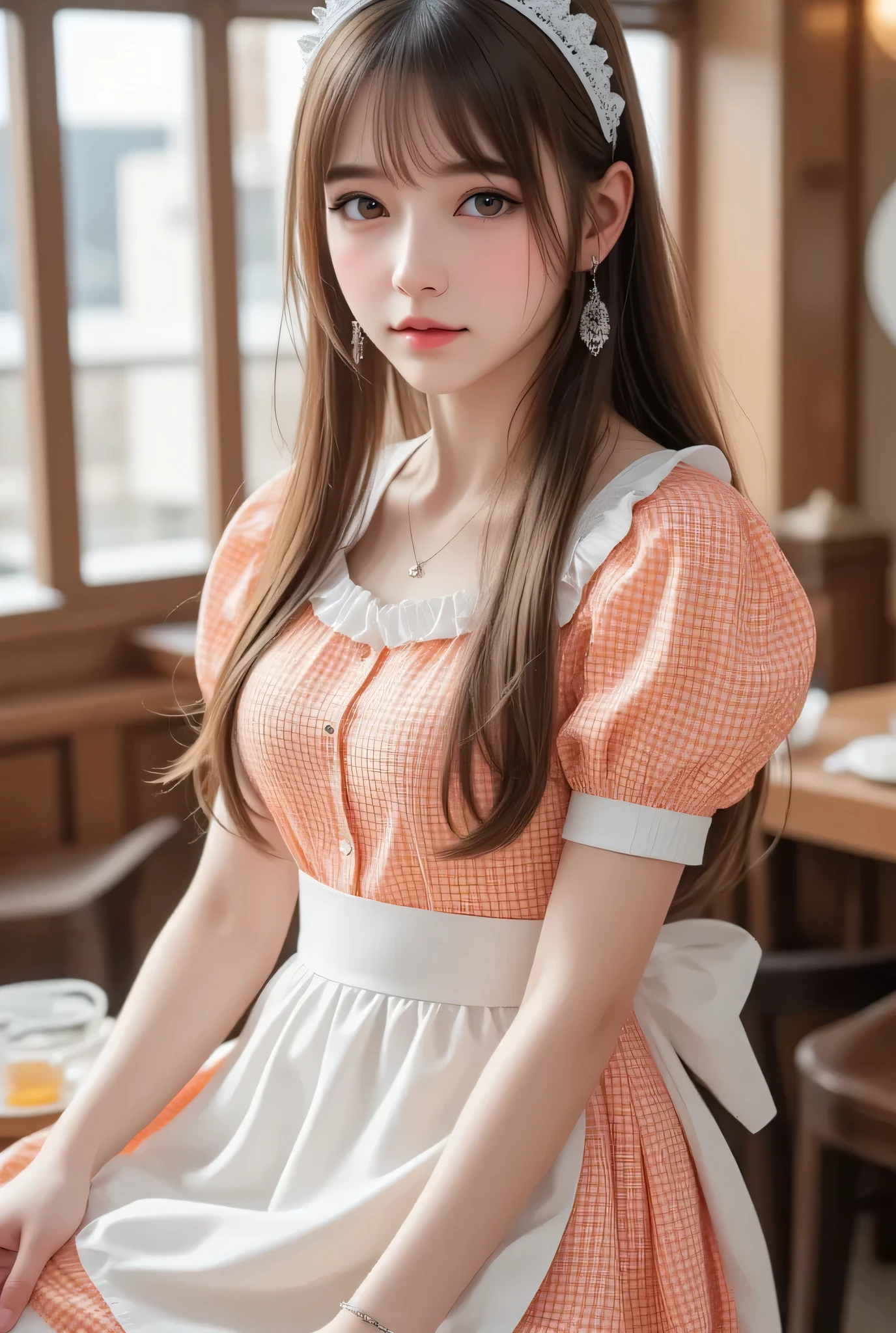 full body shot,
(super cute young face:1),
(japanese idol face:1),
very beautiful cute girl,
exquisite smooth and silky long brown straight hair,
fair skin,
professional photogragh,
(super shiny orange gingham maid costume:1.5),
beautiful special designed costume,
beautiful skirt and apron,
cafe reastrant