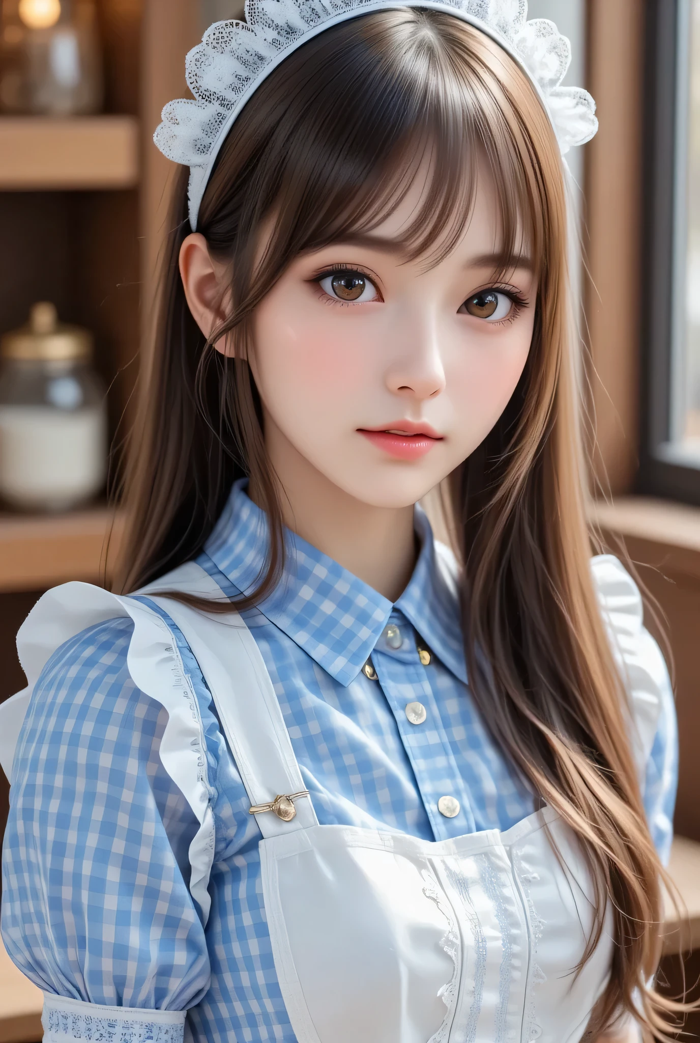 a smiling young girl with rosy cheeks, wearing an school dress, drinking a coffee cup, beautiful detailed eyes, beautiful detailed lips, extremely detailed eyes and face, long eyelashes, hyper realistic, highly detailed, 8k, masterpiece, cinematic lighting, vibrant colors, soft focus, dreamlike, fantasy, whimsical, warm color palette