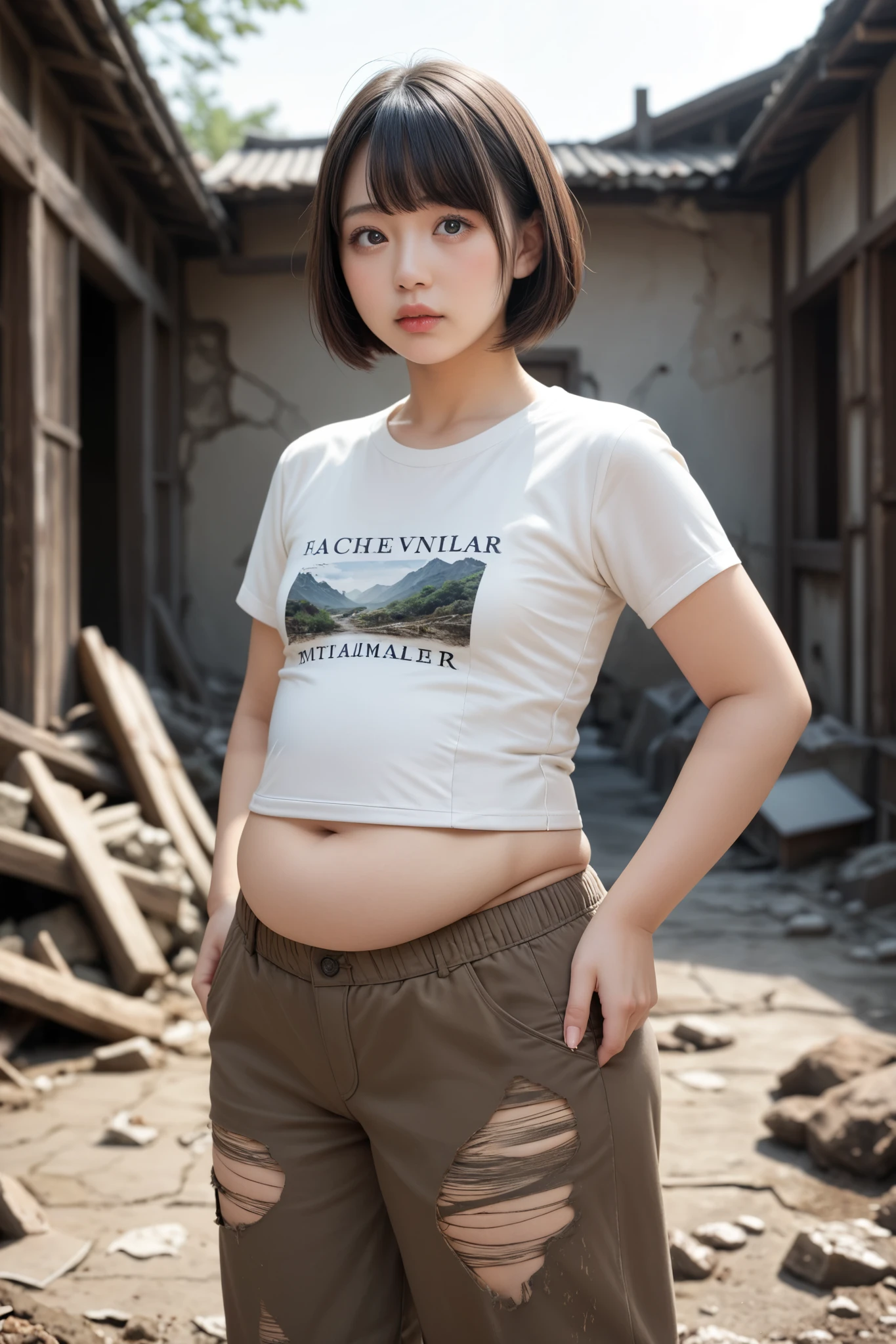 Very detailed, detailed, best quality, ultra high definition, highest resolution, three 20 year old Japanese women, anxious expressions, detailed facial depiction, detailed eye depiction, wide open eyes, cute double eyelids, thick lips, black hair, black pupils, flabby stomach, (((very small breasts, chubby woman))), filthy short t-shirt that is torn and tattered and quite yellowed, "I'm a pervert" written in English on the t-shirt, beige short pants with ripped cuffs, very filthy clothing, clothing stained with mud, three filthy poor girls with mud stains on their cheeks standing huddled together, abandoned village in the mountains of Japan, lots of abandoned wooden rubble, wooden ruins, large marshland surrounded by ruins, very short hair with bangs flipped out, looking towards the viewer.