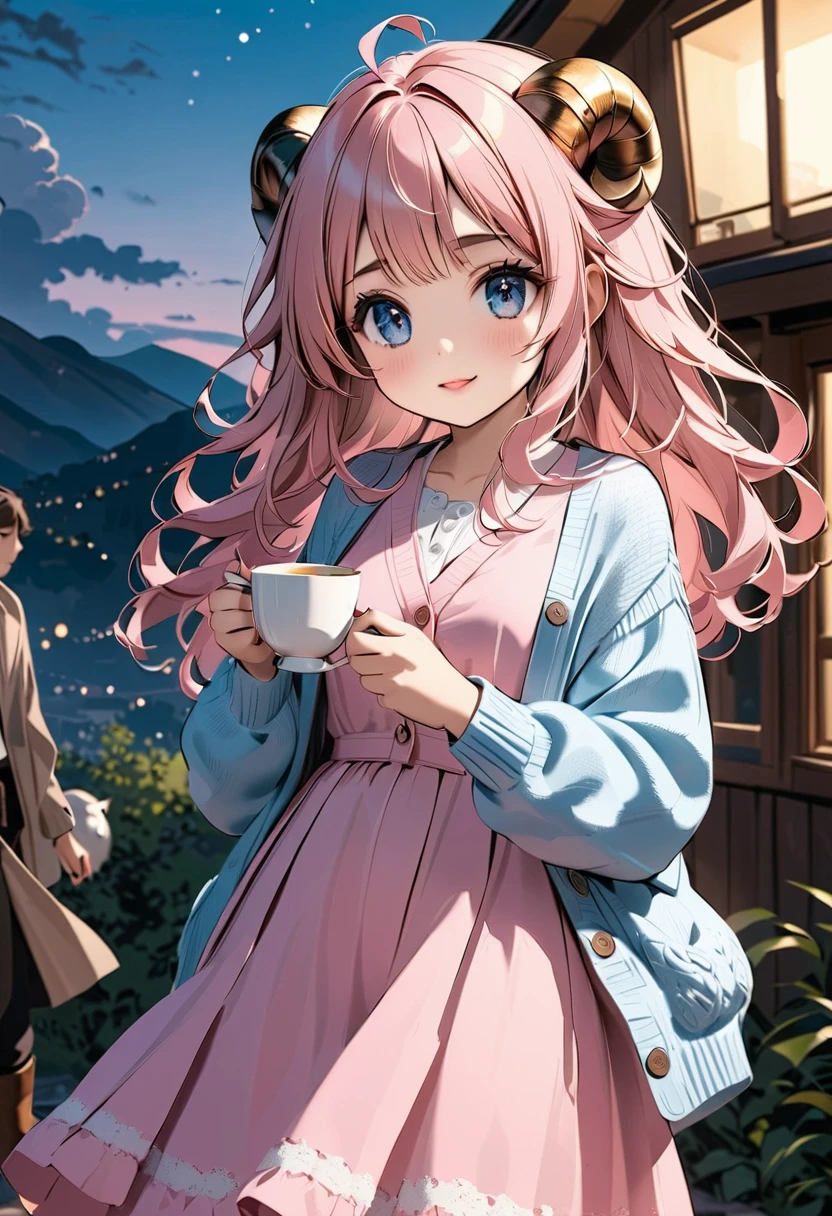A girl with curly horns, Drinking tea, pink fluffy hair, long hair like ...