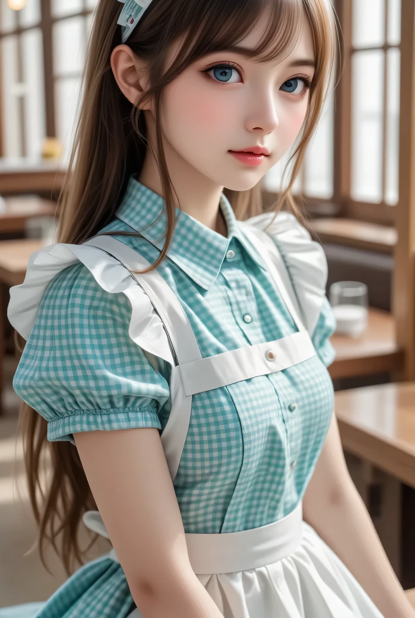 full body shot,
(super cute young face:1.3),
(japanese idol face:1.3),
very beautiful cute girl,
exquisite smooth and silky long brown straight hair,
fair skin,
professional photogragh,
(super shiny turquoise gingham maid costume:1.5),
beautiful special designed costume,
beautiful skirt and apron,
cafe reastrant