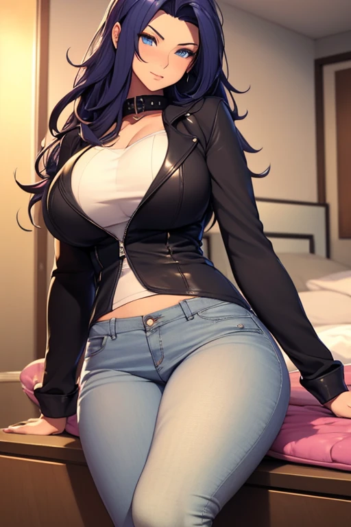 Medium and round breasts, sagging breasts ((beautiful and cute woman in her 20s)), (short and shiny punk purple hair, symmetrical bangs, fabric headband in her hair), double eyelids, brown, clear and detailed eyes, hyper detailed, light effect on the eyes, detailed iris, sensual body, ((black puffy long sleeve blouse, jeans, bold, beautiful and cool, hand on seductive lips)), neckline, ((masterpiece, hyper realistic, hyper detailed, best quality, 16k, light and shadow on the skin, vivid colors), eyeliner, cute expression, perfect red lips, innocent and sexy face, ((skin with light and shadow), beautifully seductive and embarrassed woman, passionate expression , lips, sweet smile ((she is a beautiful woman)), looking at the viewer, beautiful, charming and independent, in the building's elevator (variable poses), ((Depth of field))