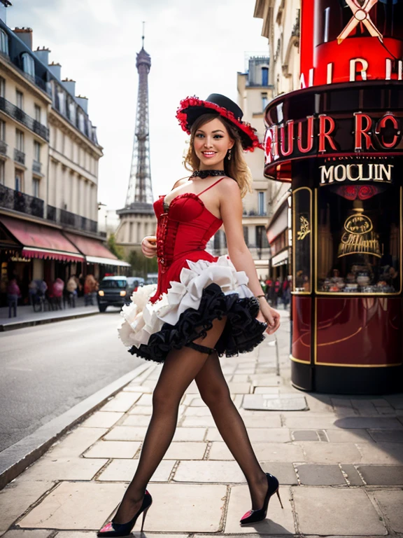 (medium full shot) of (captivating French cancan dancer) young woman, petite build, short dark double braids hair, philippine, tan skin, brown eyes, wearing a silver mini cancan dress with chic patterns, fishnet tights, strappy sandals, black eyeliner, pearl necklace, silk scarf ruffled choker, set in a lively scene at the Moulin Rouge, with bright lights, a crowded audience, an energetic atmosphere, woman smiling, detailed face, ,Masterpiece,best quality, raw photo, realistic, very aesthetic