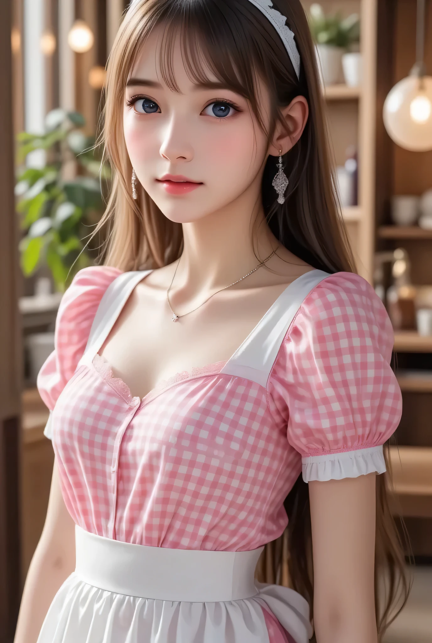 full body shot,
(super cute young face:1.3),
(japanese idol face:1.3),
very beautiful cute girl,
exquisite smooth and silky long brown straight hair,
fair skin,
professional photogragh,
(super shiny neon pink gingham maid costume:1.5),
beautiful special designed costume,
beautiful skirt and apron,
cafe reastrant