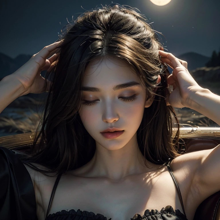A very cute face like an idol、Looks like a young face、20-year-old female、Gentle and cute、Cleavage、Beautiful moon and starry night、Looking up at the night sky、Moonlight only、(Dark Light)、RAW Photos、Genuine、((Quality indistinguishable from real life))、（Romantic)、(Artistic Expression)、Real Stick、High resolution、masterpiece