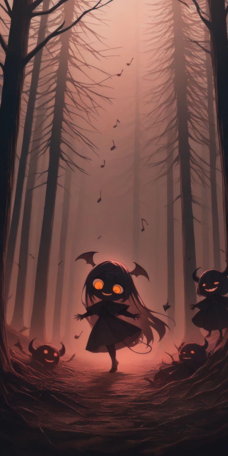 cute horror fantasy, disney-style horror effects,picture-book style,ren-book style, BREAK ,solo,1girl\((devil:1.6),cute,(dancing:1.3),evil smile,pure black skin,bags under eyes,long eyebrow,big eyes,chibi,long nail,orange eyes,hair,(looking down:1.3),wearing capelet\((very big:1.5),(very long:1.3),(traditional_patterned:1.2)\)\), BREAK ,background\(music notes, (dead trees:1.3), in the forest,shadow_pappet\(bat,doll\)\),long shot,wide shot,dynamic angle,full body. BREAK .quality\(,masterpiece, high score, great score, very aesthetic, high resolution, ultra-detailed, absurdres, newest, scenery, depth of field, fairytale, dreamlike\)