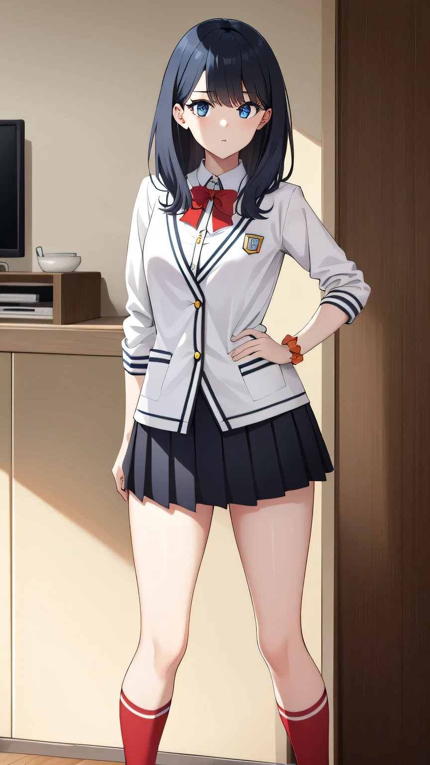 {{{masterpiece}}}, (best quality:1.5), (ultra-detailed:1.5), {illustration}, {{an extremely delicate and beautiful}}, (beautiful detailed eyes:1.6), absurdres, highres, extremely detailed face, 16k, hd, visual anime de uma jovem mulher, extremamente bonito rosto de anime, anime melhor garota, (perfect hands, perfect anatomy), anime face, Rikka, rikka takarada(SSSS.Gridman), cute face, 1girl, solo, black hair, medium hair, sidelocks, blue eyes, (High resolution eyes, Beautiful eyes, Light in the eyes), medium breasts, big hips, curvaceous, plump thighs, BREAK, white cardigan, close cardigan, buttons, long sleeves, white sleeves, white shirt, collared shirt, red bowtie, orange wrist scrunchie on right wrist, (black skirt, microskirt, pleated skirt), thighs, red socks, crew socks, BREAK, cute face, (jojo pose, jonathan pose), standing, indoor, living room, Modern living room, analog tv, flooring, black sofa