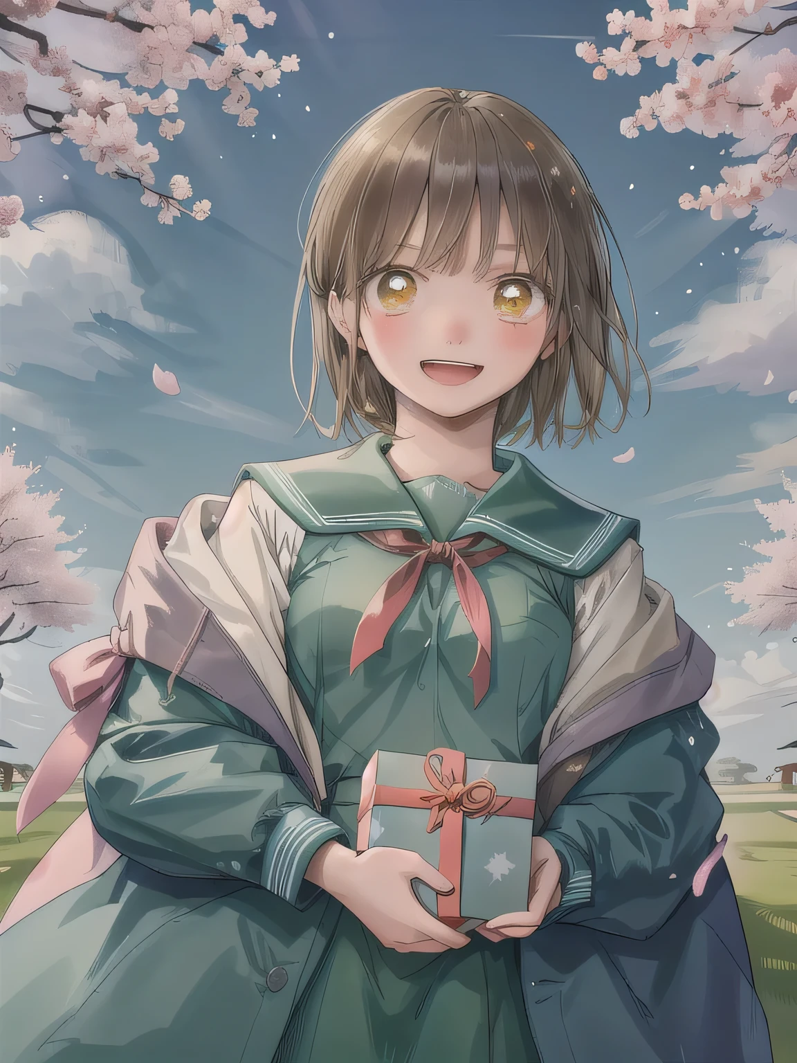 A stunningly beautiful 20-year-old woman stands in a lush green park full of cherry blossoms in full bloom under a clear blue sky. She is wearing a classic sailor uniform and holds a neatly wrapped gift box with a red ribbon in both hands in front of her chest. The box is small, wrapped in decorative paper, and tied with a bow. She looks very happy, with a radiant and joyful expression.A stunningly beautiful 20-year-old woman stands in a lush green park full of cherry blossoms in full bloom under a clear blue sky. She is wearing a classic sailor uniform and holds a neatly wrapped gift box with a red ribbon in both hands in front of her chest. The box is small, wrapped in decorative paper, and tied with a bow. She looks very happy, with a radiant and joyful expression. Medium length, brown hair, golden eyes.