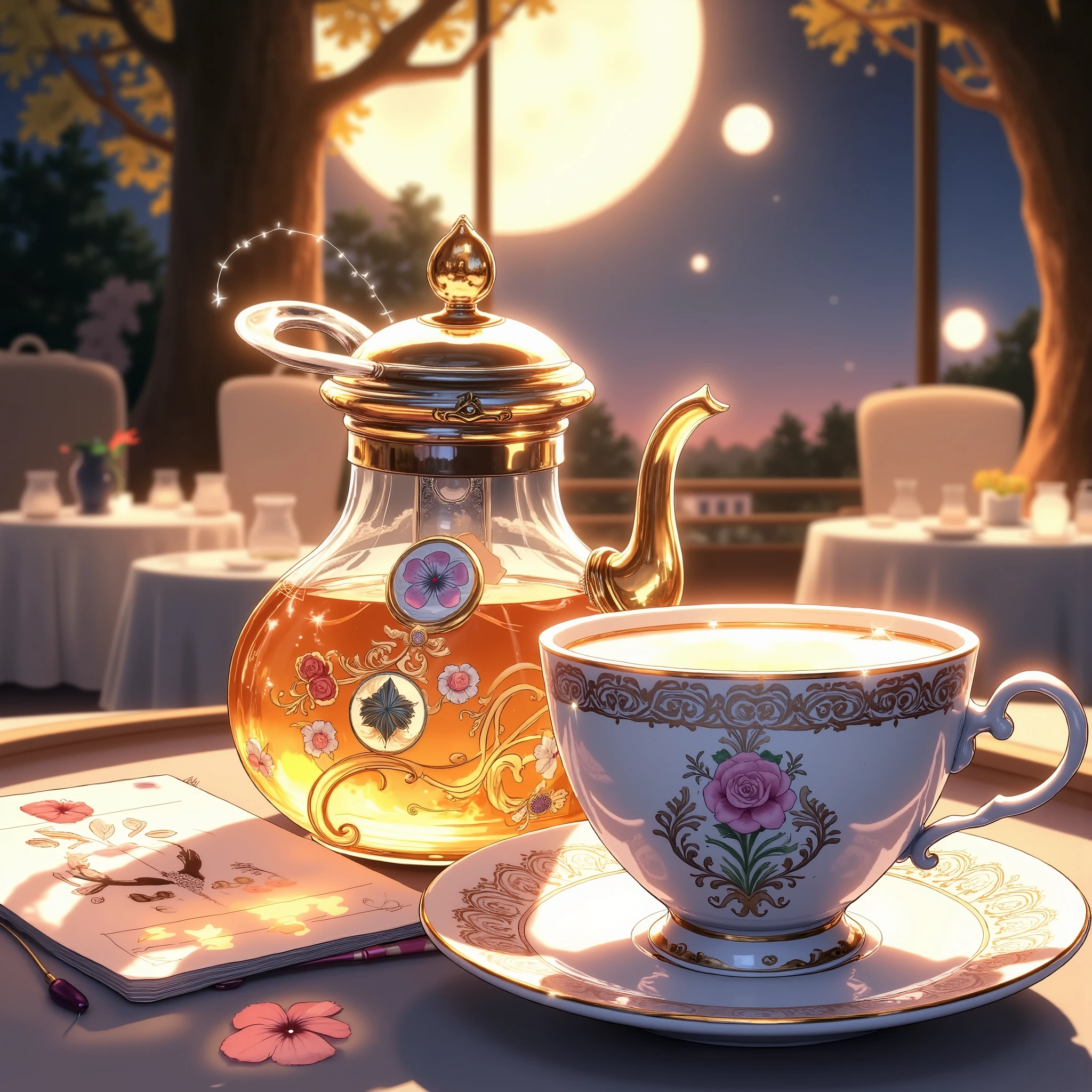 Teacup and Moon , Moonlit Night Tea Party , Closeup on Teacup , Very Delicate Furnishings , rich flavors this winter , Quiet, light shining in , ( highest quality:1.2, very detailed, high detailed CG illustration , Soft Focus , Masterpiece:1.2, Best Aesthetics),