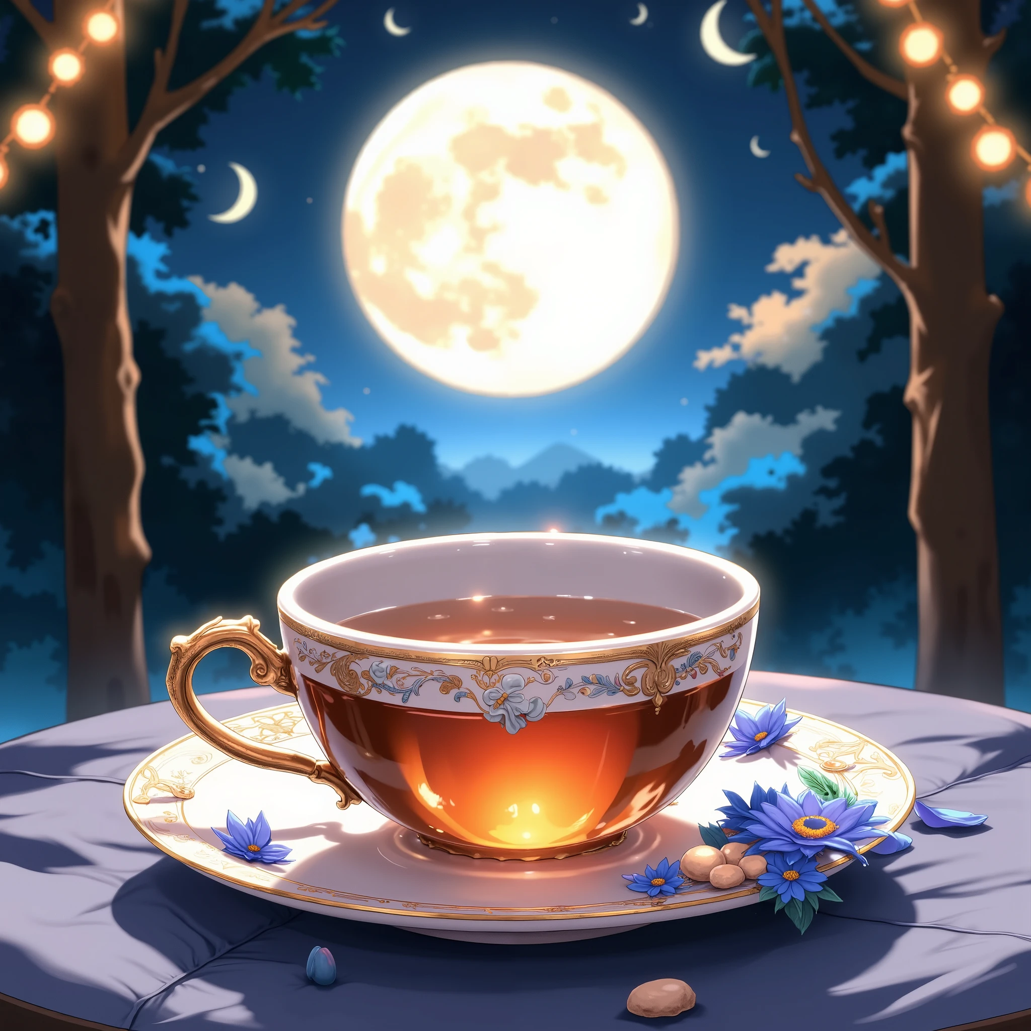 Moon Reflected in Tea Cup, Moonlit Night Tea Party ,  Close Up on Teacups, Quiet,  light shining in , ( highest quality:1.2,  very detailed,  high detailed CG illustration ,  Soft Focus ,  Masterpiece:1.2,  Best Aesthetics),