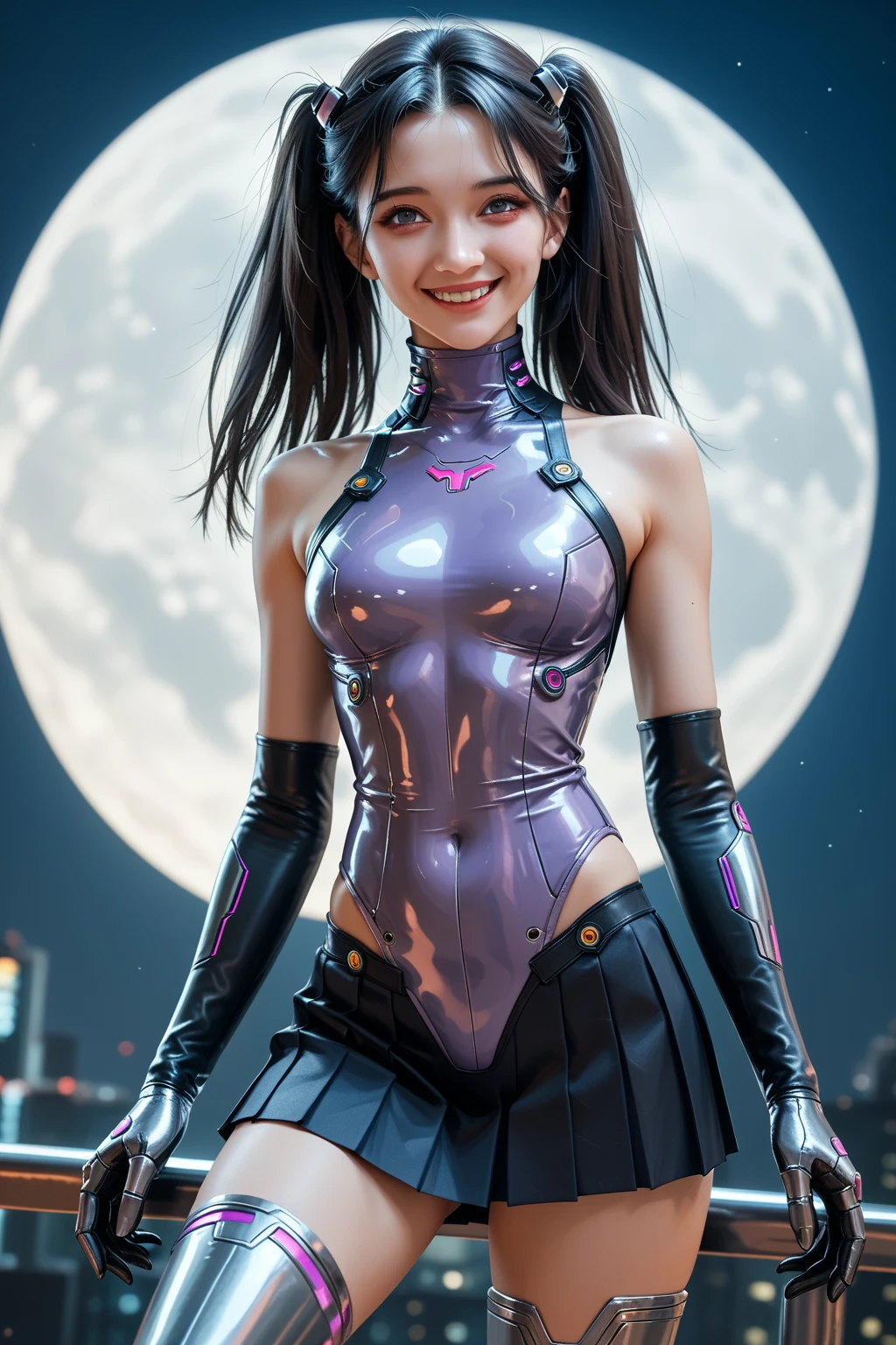 best quality, photorealistic, 8k, high res, 1girl, woman, (skindentation), (portrait:0.6), ((cityscapebackground:2.1)), ((smallsize round breast, tight clothes, underboob, purple skin, eyeBandanas, wings, ladydevimon:1.6)), straight-looking at viewer:1.8, (1girl eyes looking at viewer, medium-length hair, brownhair, partedbangs:1.35), photorealistic, (bokeh), smile, (parted lips), gorgeous, <lora:CBAV-ria:0.65> <lora:zladydevimon:0.7>