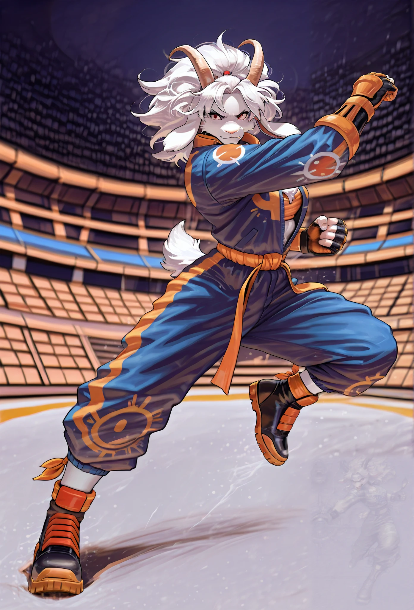 Monster,furry,goat,woman,fighter suit,stylish outfit,tribal suit,white pale fur,sexy mood,90’s anime style,arena background,8K,FullHDR,fullbody,perfect quality,epic settings,detailed poses,dynamic poses