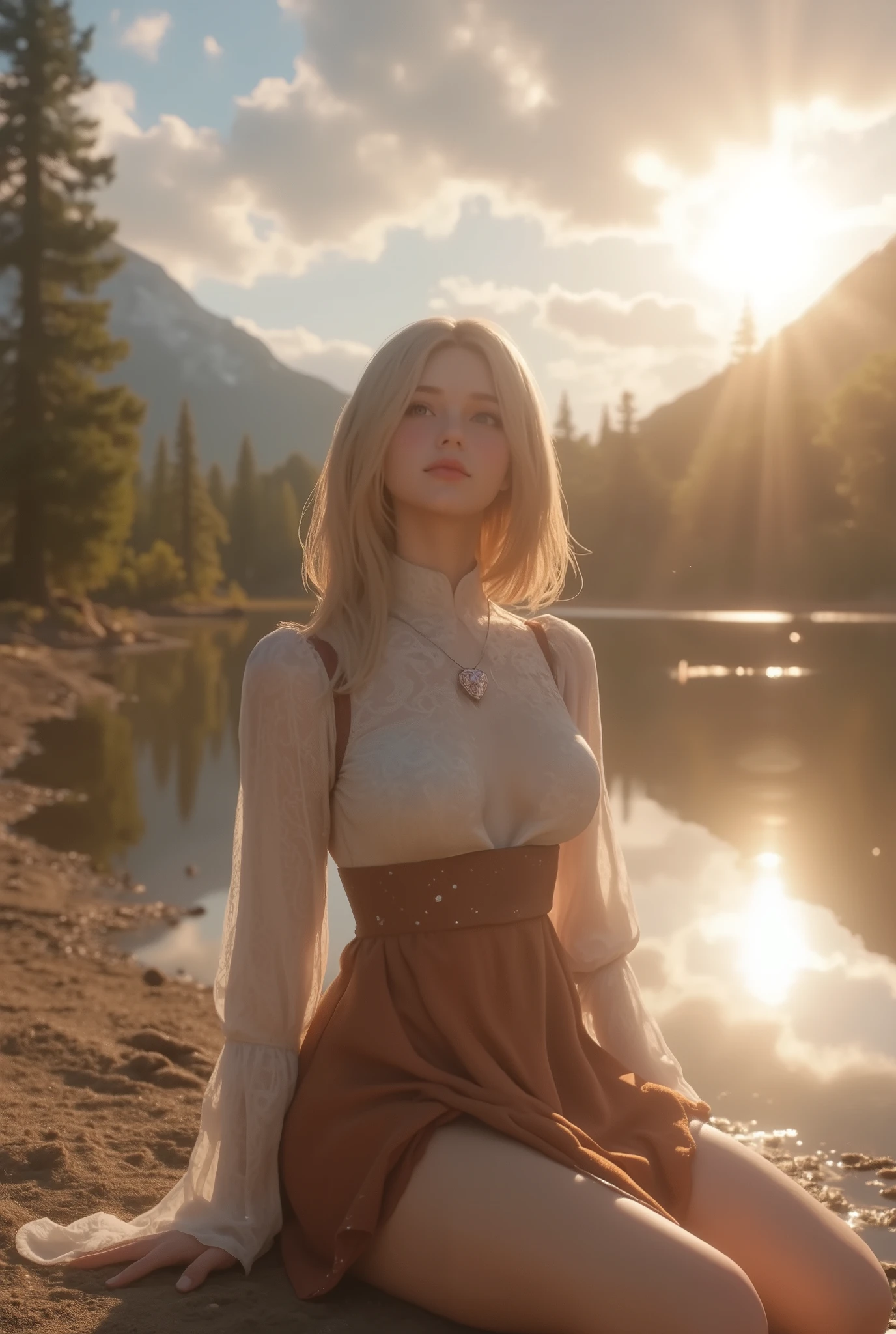  in the seat,  Happy Expression , Charming eyes,   straight long hair ,  flowing skirt , big, Gazing at the Sun,  Calm Posture ,  Porcelain Skin , A faint blush,  crystal pendant 　Rest Golden Hour , ( Edge Lighting ): 1.2, cool color, Solar flare,  Soft Shadows ,  bright color, Paint Effects,  Great Atmosphere BREAK Scenic Area, Distant Mountain々, pine tree, Summit,  reflections ,  sunlit clouds ,  quiet atmosphere, Idyllic sunrise,  super detailed,  Official Art,  unified 8K wallpaper,  Zentangle, Mandala