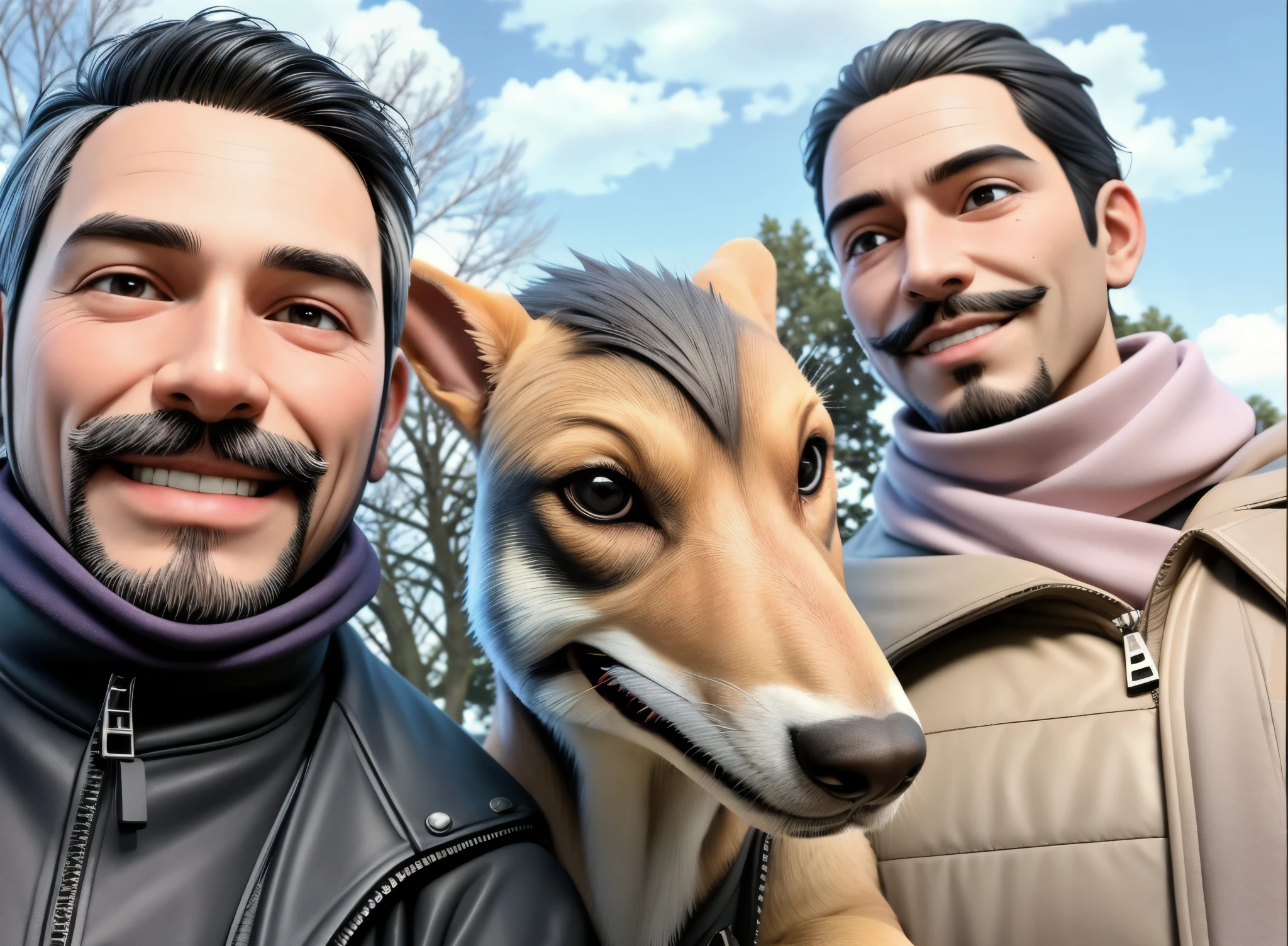 ((Masterpiece, top quality, high resolution)), ((extremely detailed CG unified 8K wallpaper)), An alpaca women in leather jackets drinking Coke from bottles, their beautiful white curly hair shining in the sunlight, wearing round sunglasses and smiling happily at the camera, a tourist attraction with a view of the ocean,