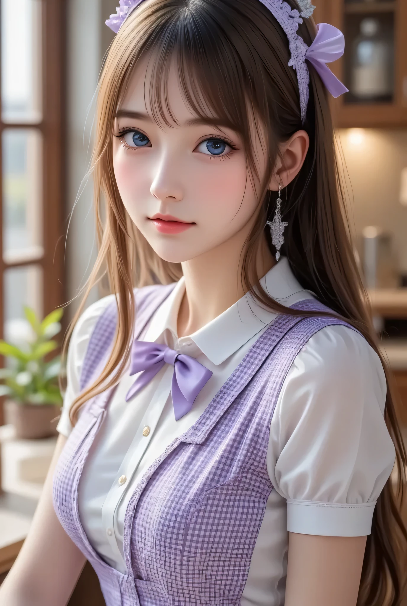 full body shot,
(super cute young face:1.3),
(japanese idol face:1.3),
very beautiful cute girl,
exquisite smooth and silky long brown straight hair,
fair skin,
professional photogragh,
(super shiny purple gingham maid costume:1.5),
beautiful special designed costume,
beautiful skirt and apron,
cafe reastrant